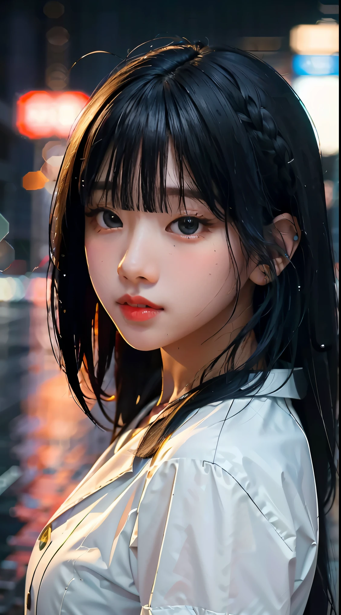 8k, RAW photo, best quality, masterpiece:1.2),(realistic, photo-realistic:1.37),Tokyo street,night, rain, wet,cityscape,night, cyberpunk city,soft light,1girl,, extremely beautiful face,bust,put down hands,Random hairstyle,Random hair color,Random exp