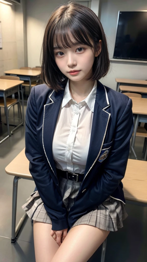 masterpiece, best quality, illustration, Super detailed, fine details, High resolution, 8K,wall paper, perfect dynamic composition,(Details High quality, realistic depiction of eyes:1.3), (wavy hair:1.2), High School Classroom、High school girl uniform、blazer 、Super Short Check Uniform Skirt、Navy blue high socks、garterbelts、Colossal tits, Disturbed uniform, short bob hair, black hair color, large breasts, Big Natural Color Lip, bold sexy pose, (perfect body shape), crying a little、Harajuku style、20 year old girl、cute type, beautiful legs, hposing Gravure Idol, Voluptuous thighs, Accurate anatomy、Ultra-high definition beauty face、Ultra HD Hair、Ultra HD The Shining Eyes、The Shining, Super high quality beautiful skin、Super high quality glossy lip