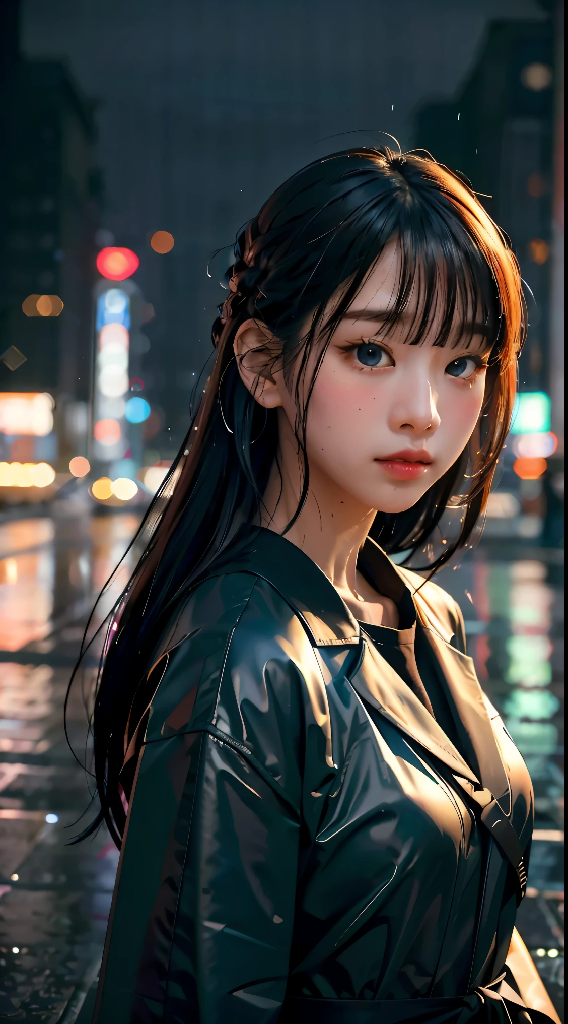 8k, RAW photo, best quality, masterpiece:1.2),(realistic, photo-realistic:1.37),Tokyo street,night, rain, wet,cityscape,night, cyberpunk city,soft light,1girl,, extremely beautiful face,bust,put down hands,Random hairstyle,Random hair color,Random exp