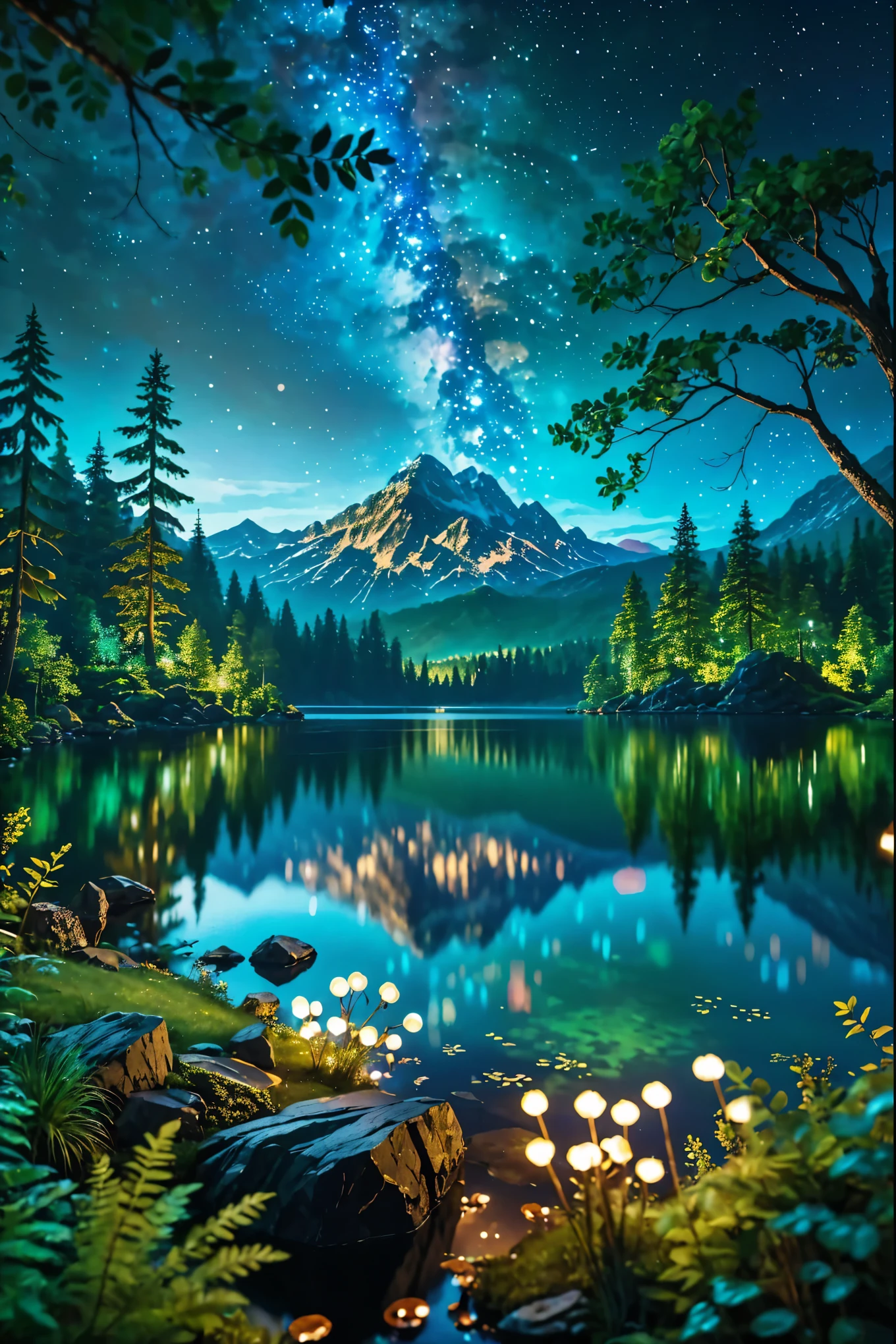 35mm photograph, film, bokeh, professional, beautiful fantasy forest with a mountain in the background and a lake at night with milyway in the sky, hyperrealistic, super realistic, sharp focus, 32k, (((masterpiece))) (((ultimate quality))), exquisite beauty, highiest texture resolution, photorealistic, fantasy setting, epic composition