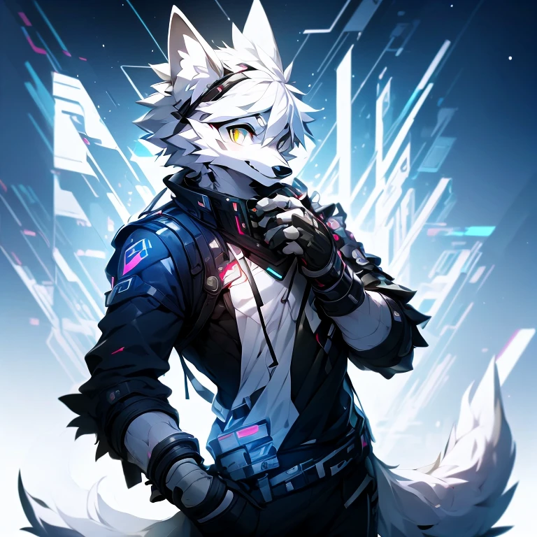 cyber punk perssonage,epcot,Tech style,solo person,White body,White ears,White hair,Overall white,Orange-yellow eyes,Wolf tail,Wolf orcs,Young,Wear a short-sleeved shirt,Ultra-clear screen,Soft lines