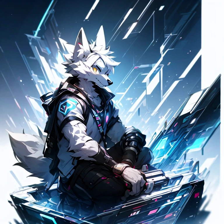 cyber punk perssonage，epcot，Tech style，solo person，White body，White ears，White hair，Overall white，Orange-yellow eyes，Wolf tail，Wolf orcs，Young，Wear a short-sleeved shirt，Ultra-clear screen，Soft lines