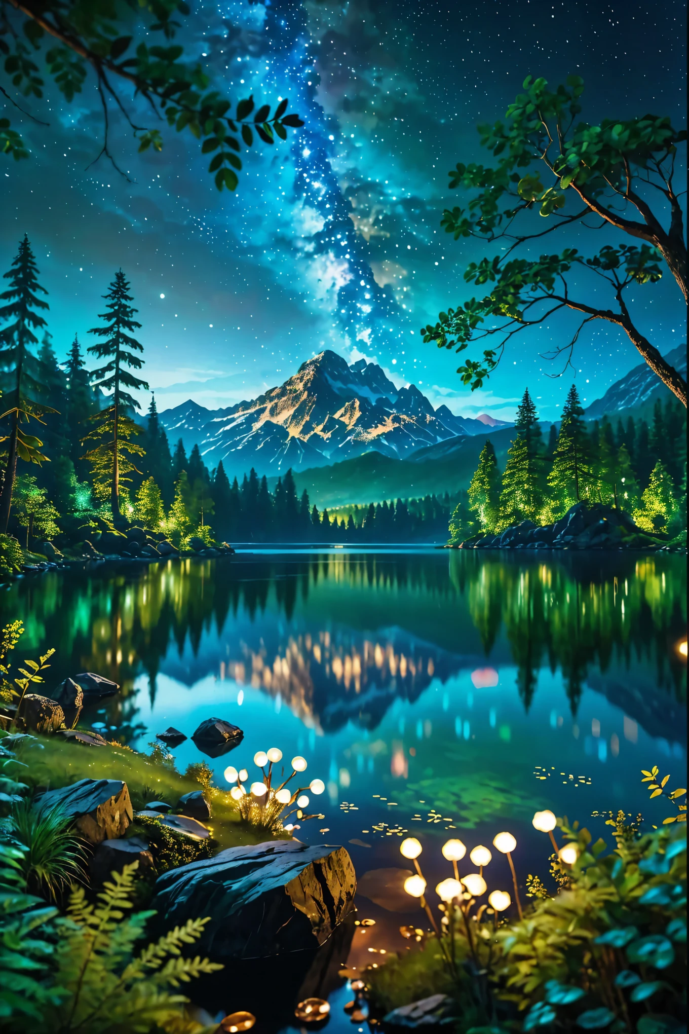 35mm photograph, film, bokeh, professional, beautiful fantasy forest with a mountain in the background and a lake at night with milyway in the sky, hyperrealistic, super realistic, sharp focus, 32k, (((masterpiece))) (((ultimate quality))), exquisite beauty, highiest texture resolution, photorealistic, fantasy setting, epic composition