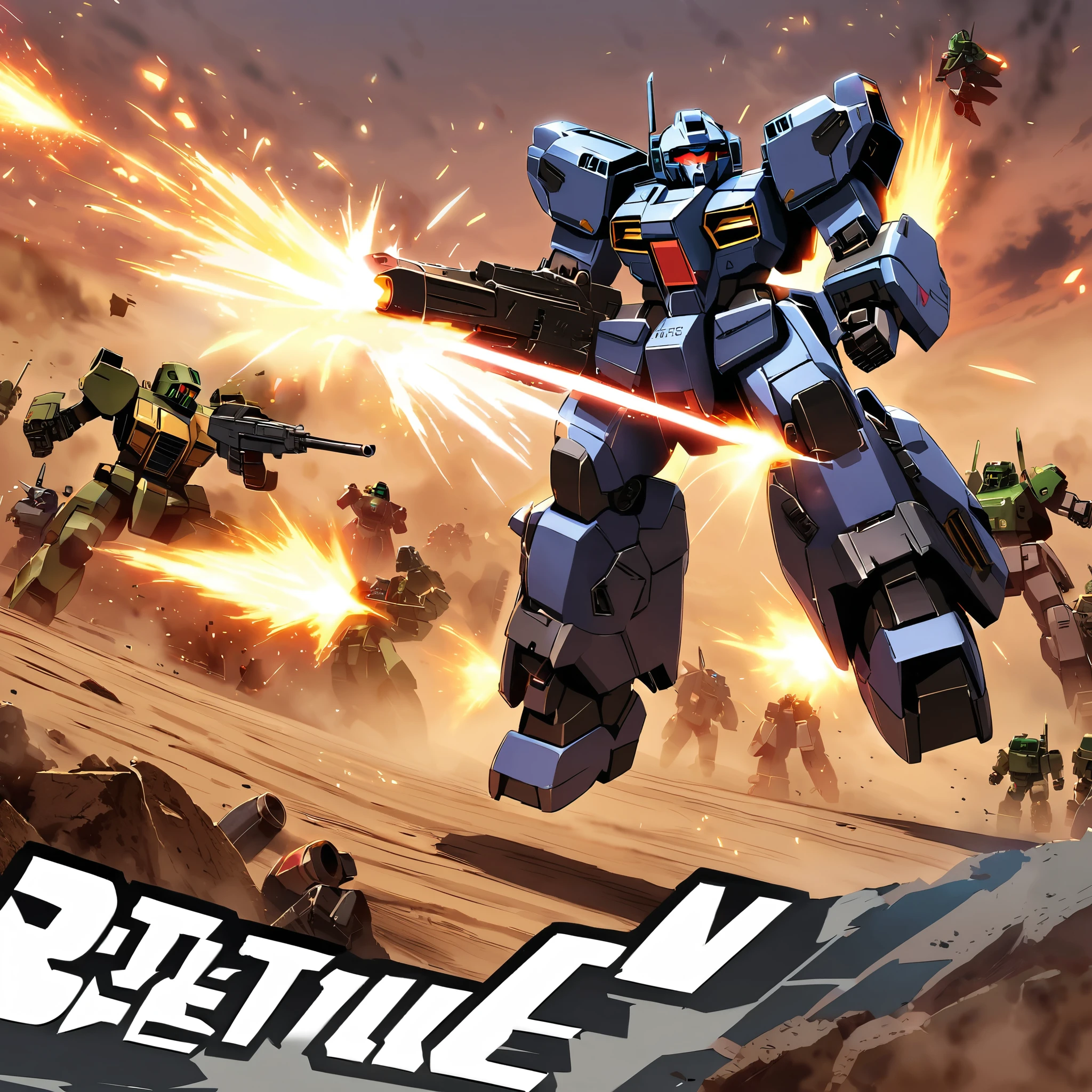 Text "Battle Mechs world wars" ,a full body wide angel view, a robot attacking a group of people in a desert, war mechs fighting, battletech style, battlemech, mechwarrior, battletech, war robot, mech machines firing bullets, soldiers and mech fight, mad max battlemech, mech warrior, robot overlords, robot overlord in the year 3499, battle mech, mecha, mecha anime, battlemech, tremendous mecha robot, mecha warrior, # mecha, mecha inspired, big mecha, alexandre ferra mecha, mech warrior, 80s  retro arcade, retro wave, masterpiece epic retrowave art, retrowave art, 80s poster, 1980s arcade, outrun, computer game art, epic retrowave art,