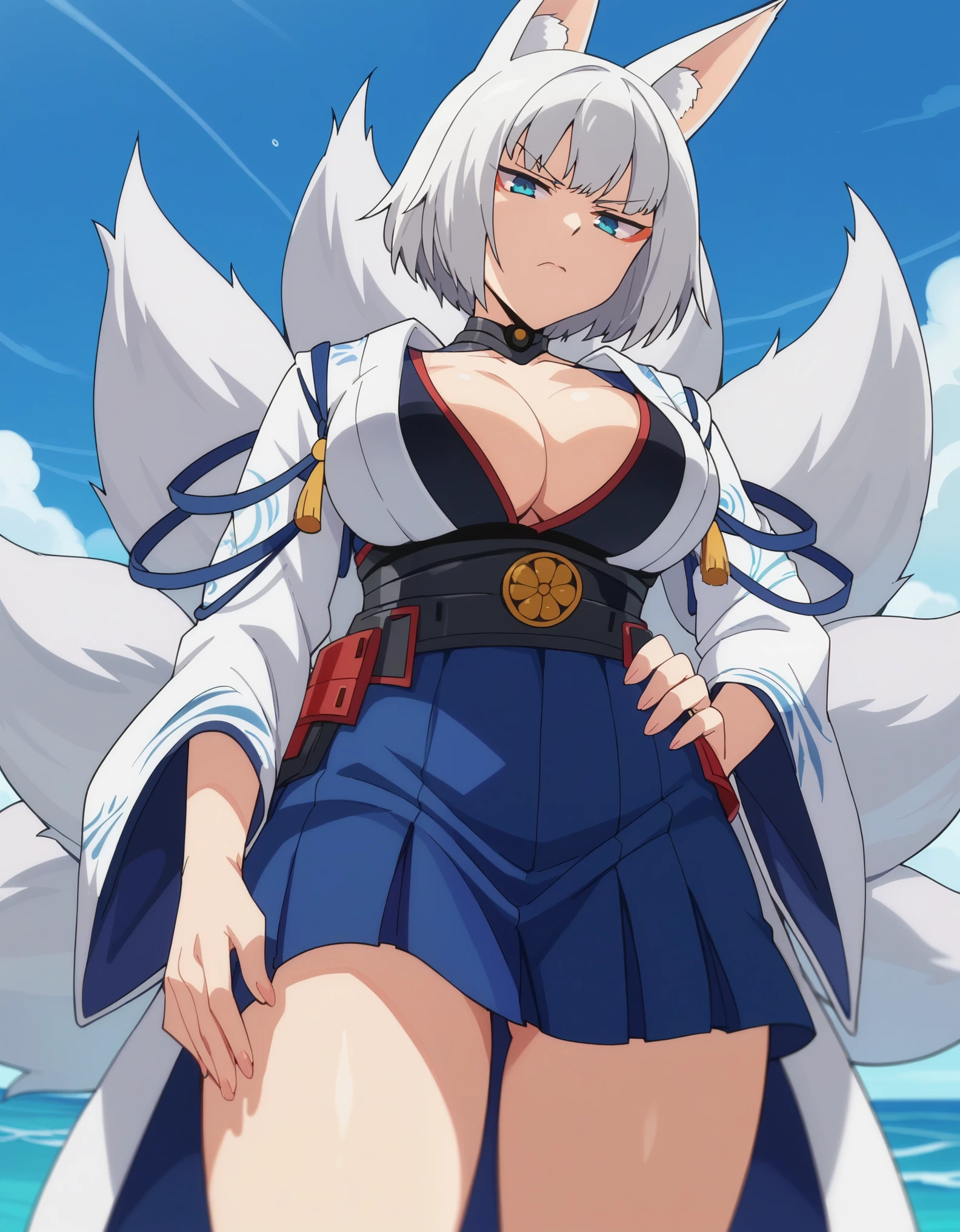 anime screencap, score_9, score_8_up, score_7_up, score_6_up, kaga, solo, large breasts, multiple tails, tail, fox tail, ocean, hand on hip, looking at viewer, annoyed, from below,