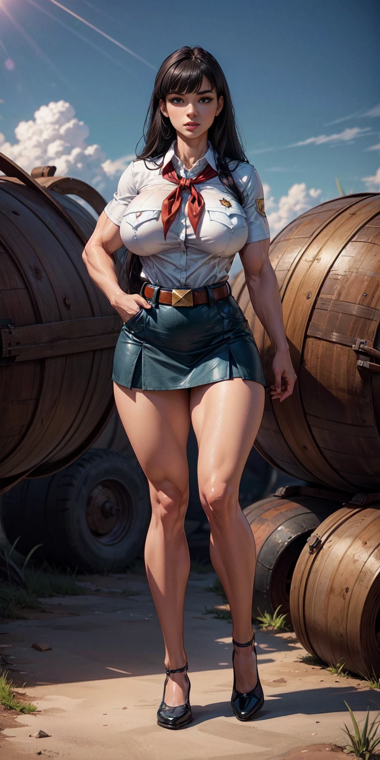 8k, high quality picture, high detailed picture, sunny day, open sky, (full body shot:1.3), tall fit girl, very long staright hair, brown with a black tint hair, smooth bangs, perfect brown eyes, neat dark eyebrows, plump lips, pale skin, (muscular girl:1.1), strong heaps, (accurate huge breast:1.2), bursting breast, wide hips, pioneer neckerchief, tight short blue skirt, white shirt, short sleeves, collared shirt, belt, eyelashes, red neckerchief, breast pocket, nipples trough clothes