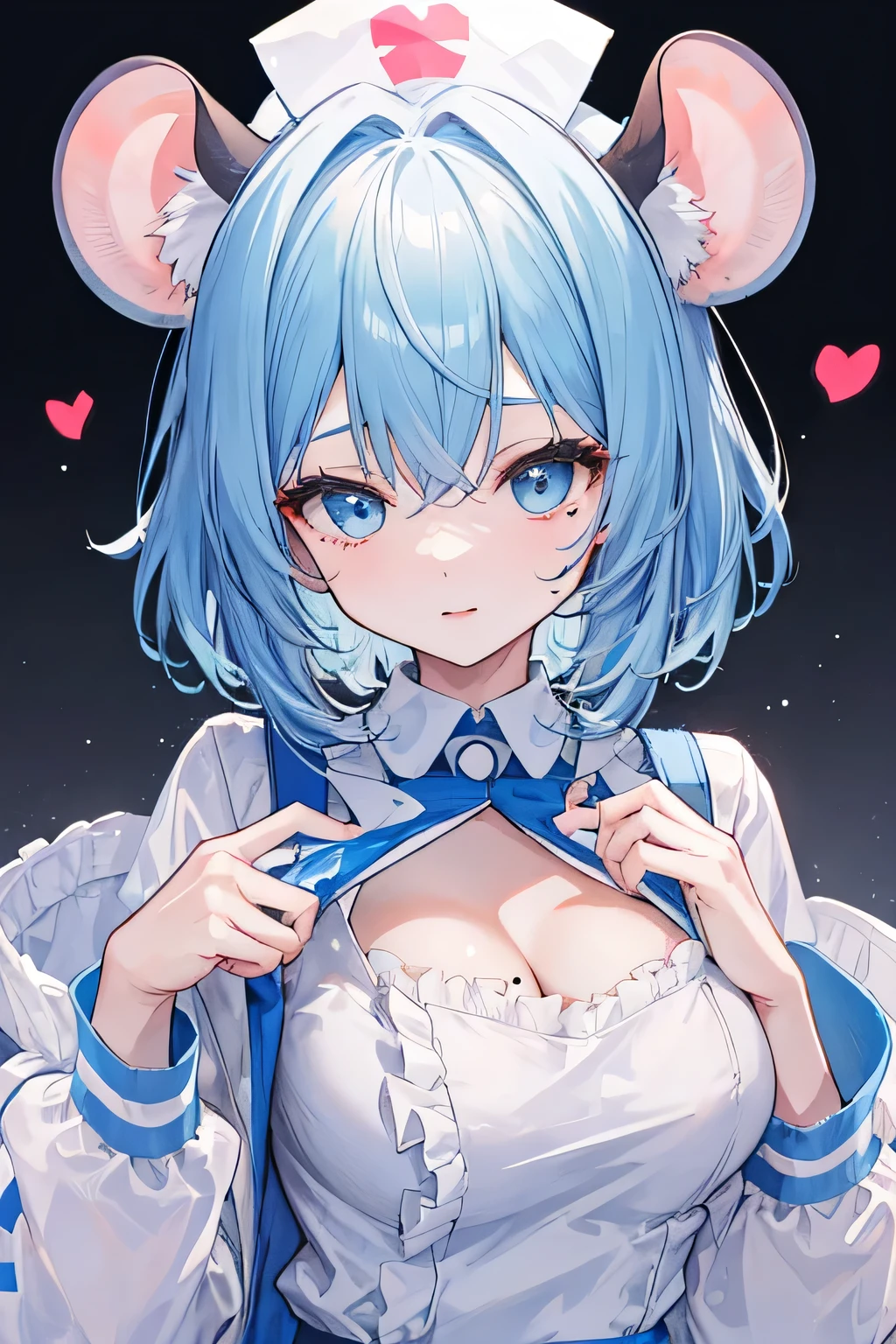 A girl with light blue hair and mouse ears, a mole under her eye, palm-sized and sweet, wearing a light blue nurse uniform with frills and a heart-shaped opening on the chest.