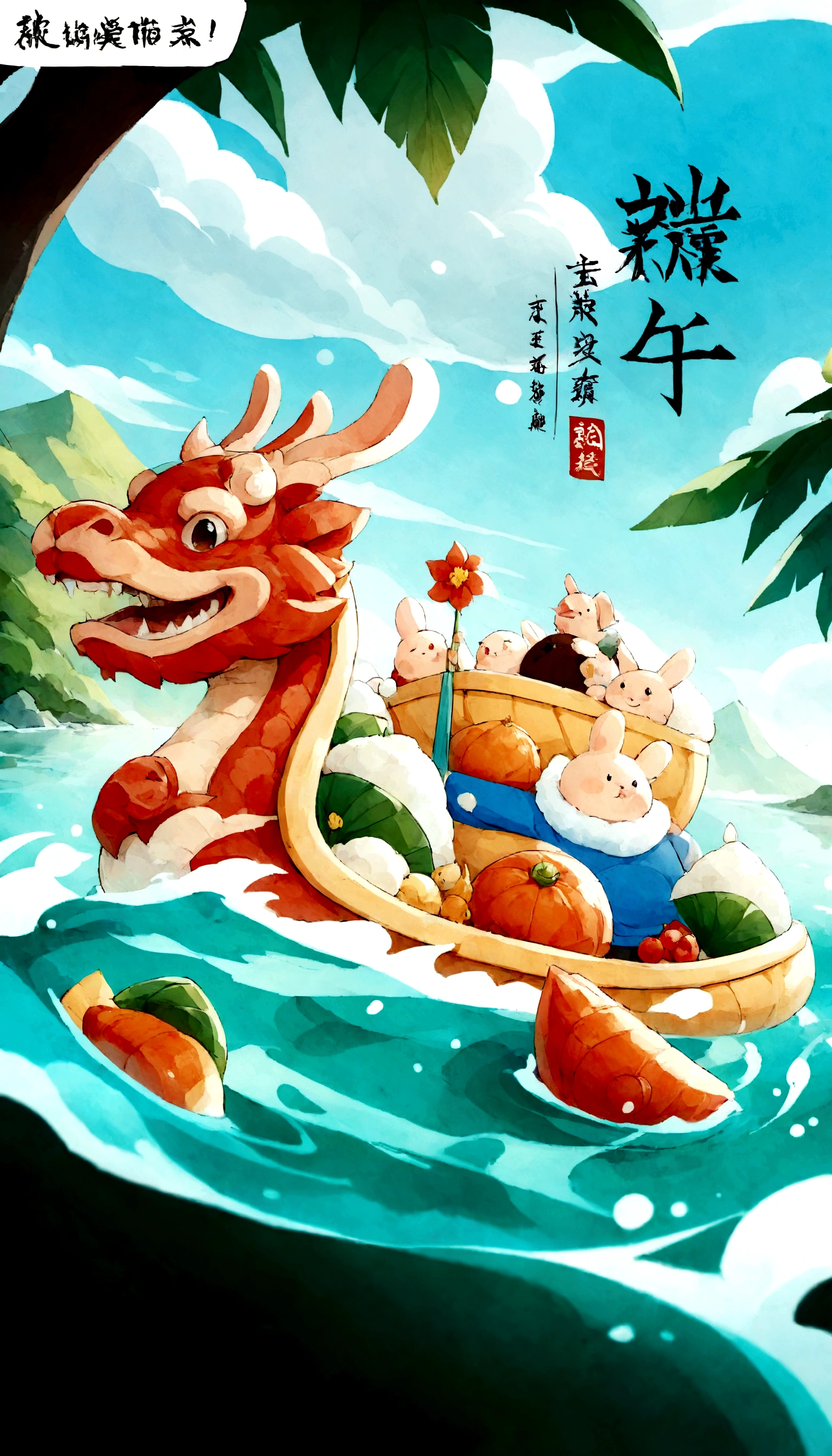 cartoon dragon boat,Dragon Boat Festival,Dragon Boat Rowing,Eat rice dumplings,water中有魚群, Cartoon rabbit sitting in a boat,Ancient Chinese architecture、Monte、water、watercourse、plant, Popular on CGSTATION, 濺起water花, Beautifully粽子藝術插畫, by Yan Hui, Hand drawn cartoon art style, author:Li Song, Official Fanart, daytime,Beautifully,HD,Have detailed information,Mountains in the background,Ancient Chinese architecture,China Cloud,redial