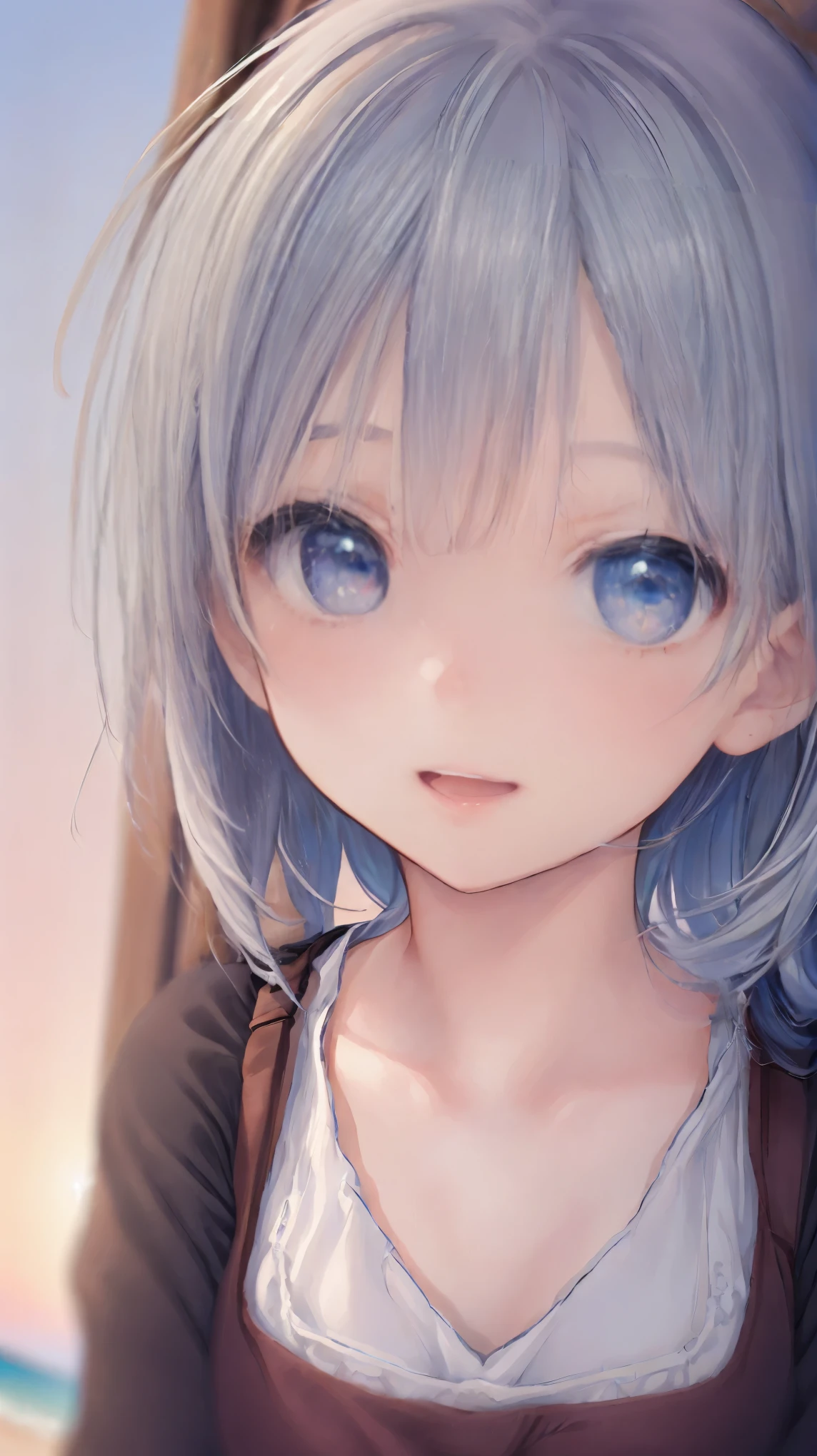 ((masterpiece)), ((highest quality)), ((High resolution)), ((Highly detailed CG Unity 8k wallpaper)), alone, tachibana kanade, Brown uniform, Black Skirt, White socks, Outdoor, face, Beach, Hanging hair, Parted hair, Silver Hair, 笑face,