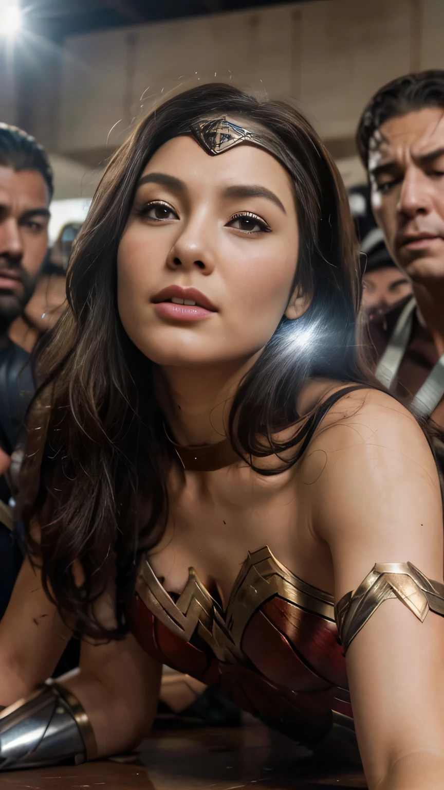 from the side,perfect wonder woman costume,crawl on all fours,It will be filled in the hole,sleeping face,Close ~ eyes,open your mouth,tired face,face of suffering,sky face,sleeping face,fight the men,surrounded by men,,caught between men,being tackled by men,Intertwining with men, Attacked by men,assaulted by men,Being bullied by guys,being sexually abused by a man,Captured by a man,Being detained by a man、touch your face,、Hair is pulled hard,My head is grabbed,licked my hair,lick my face,brown hair,  masterpiece、beautiful girl、fine 目、puffy eyes、highest quality, 超High resolution, (reality: 1.4), movie lighting,super beautiful、beautiful skin、(Ultra-realistic)、(High resolution)、(8K)、(very detailed)、(beautiful and fine 目)、(Super detailed)、 detailed face、slanted bangeshi hair、brown hair、19-year-old、Wonder Woman Cosplay，wonder woman tiara