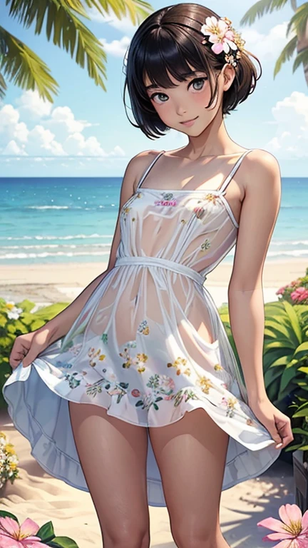 best quality,masterpiece,1girl,solo,(((13years old))),japanese girl,an extremely cute and beautiful girl,highly detailed beautiful face and eyes,petit,cute face,lovely face,baby face,shy smile,show teeth,black hair,medium short hair,small breasts,skinny,slender,(((wearing a white floral transparent loose mini summer dress))),(((standing in a beach garden))),she is looking at the viewer,hands lift up dress,(upskirt above the waist:1.1),(no panties:1.1),(legs spread wide:1.1),(no bra:1.1),(((NFSW))