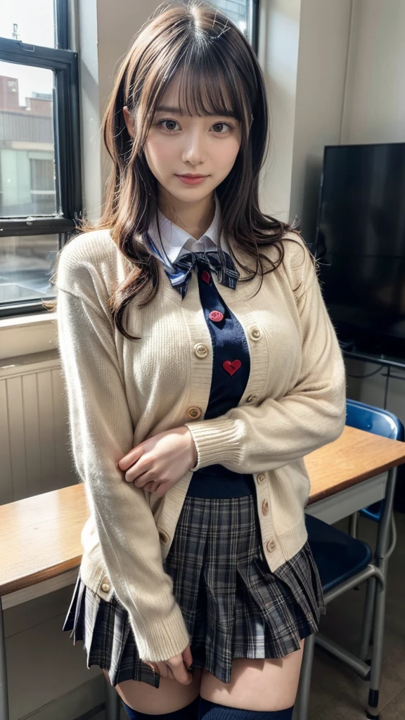 masterpiece, best quality, illustration, Super detailed, fine details, High resolution, 8K,wall paper, perfect dynamic composition,(Details High quality, realistic depiction of eyes:1.3), short hair, (wavy hair:1.2), Layered Cut, High School Classroom、High school girl uniform、Cardigan、Super Short Check Uniform Skirt、Navy blue high socks、garterbelts、Colossal tits、Disturbed uniform、, black hair color, Big Natural Color Lip, bold sexy pose, (perfect body shape), crying a little、Harajuku style、20 year old girl、cute type, beautiful legs, hposing Gravure Idol