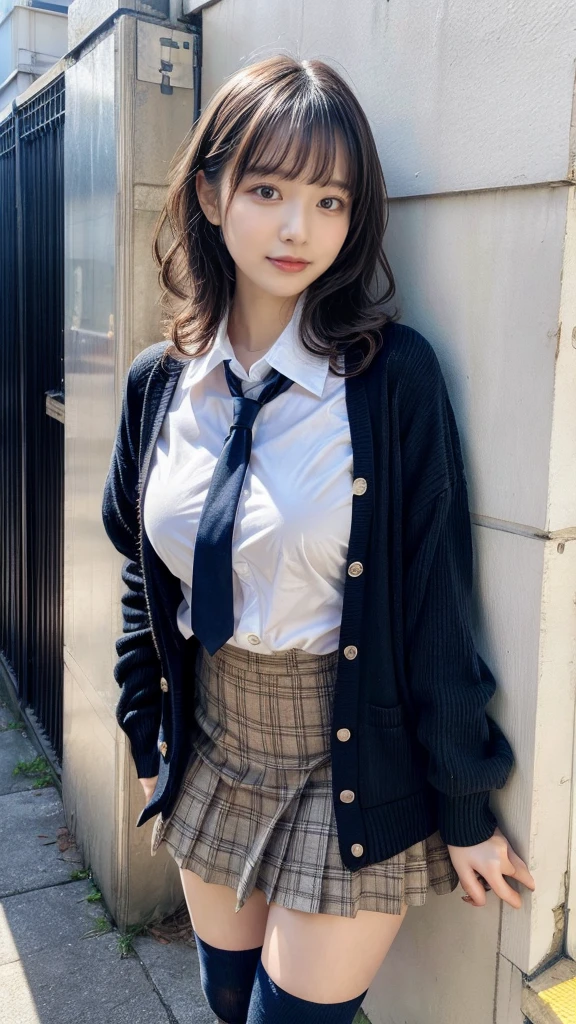masterpiece, best quality, illustration, Super detailed, fine details, High resolution, 8K,wall paper, perfect dynamic composition,(Details High quality, realistic depiction of eyes:1.3), short hair, (wavy hair:1.2), Layered Cut, High School Classroom、High school girl uniform、Cardigan、Super Short Check Uniform Skirt、Navy blue high socks、garterbelts、Colossal tits、Disturbed uniform、, black hair color, Big Natural Color Lip, bold sexy pose, (perfect body shape), crying a little、Harajuku style、20 year old girl、cute type, beautiful legs, hposing Gravure Idol