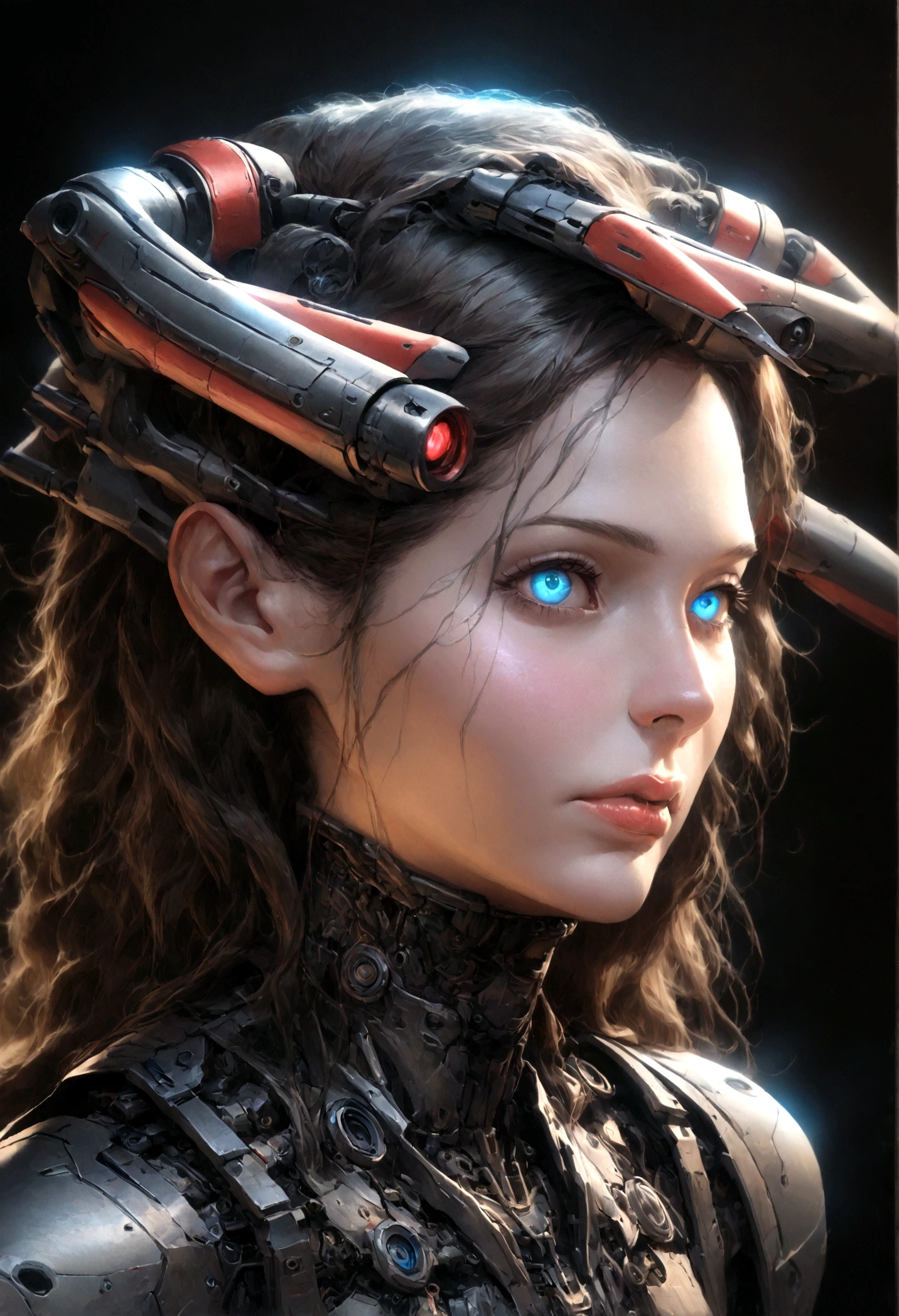 (best quality,4k,highres,masterpiece:1.2),ultra-detailed,(realistic,photorealistic:1.37), a beautiful cyborg girl with rabbit features, (Two long  stabilizers extend on both sides of the head:1.8), highly detailed face, beautiful detailed eyes, beautiful detailed lips, extremely detailed face, long eyelashes, intricate mechanical body parts, cyberpunk, science fiction, futuristic, glowing eyes, android, cinematic lighting, vibrant colors, dramatic lighting