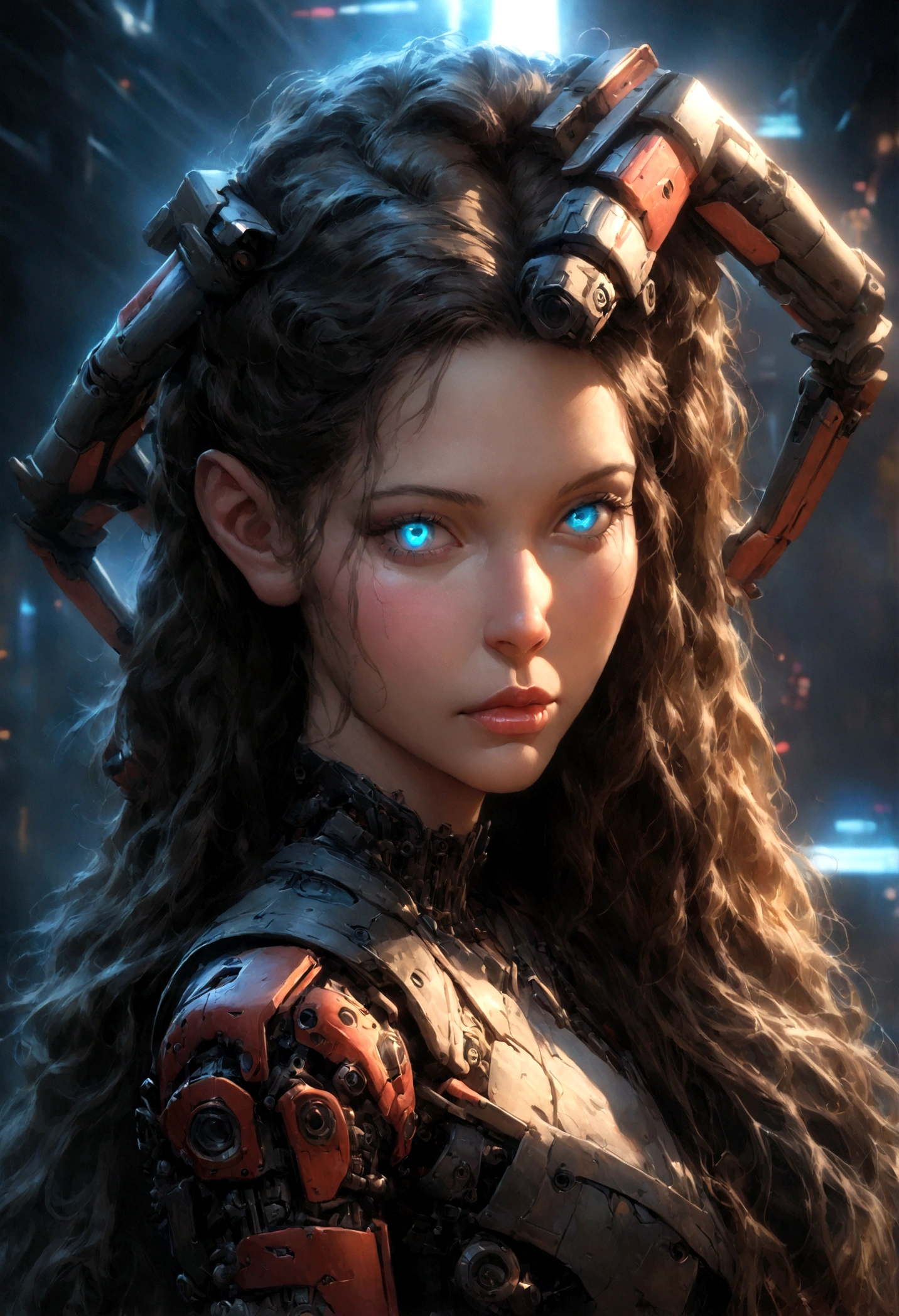 (best quality,4k,highres,masterpiece:1.2),ultra-detailed,(realistic,photorealistic:1.37), a beautiful cyborg girl with rabbit features, (Two long  stabilizers extend on both sides of the head:1.8), highly detailed face, beautiful detailed eyes, beautiful detailed lips, extremely detailed face, long eyelashes, intricate mechanical body parts, cyberpunk, science fiction, futuristic, glowing eyes, android, cinematic lighting, vibrant colors, dramatic lighting