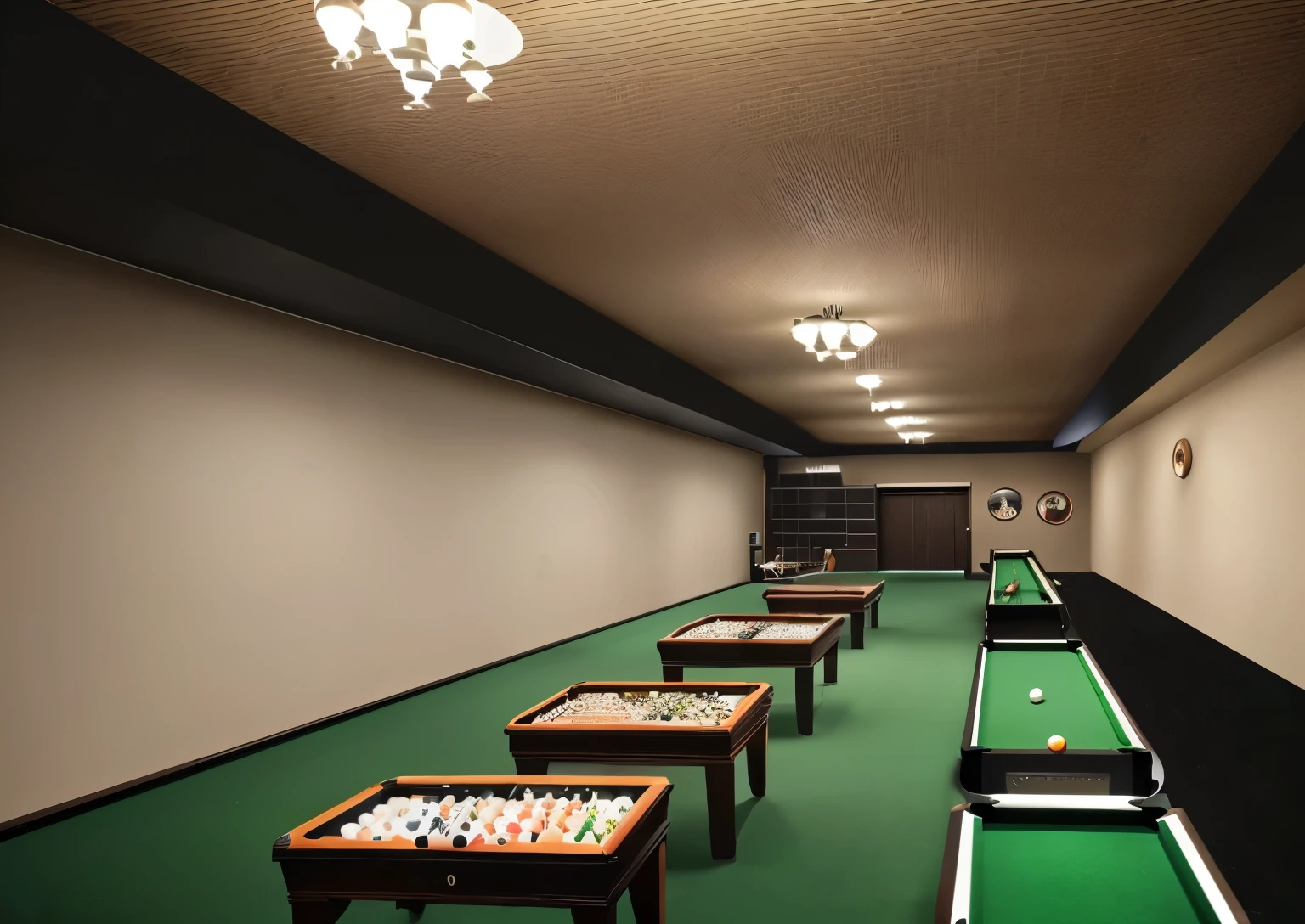 Billiard Hall Interior Design，The billiard hall is a 37-meter-long，Width 9 meters，Height 3.5 meters of space，The floor is a（Dark gray geometric）Carpet，There is a door in front of the room；There is a service bar at the left corner to the door，There is a rectangular freezer behind the bar.，Lockers，There are two rows of billiard tables in the middle of the room.，A row of horizontal，A row of vertical，There are beige walls on the left and right sides.，The walls are surrounded by（Orange leather seats）and（Black marble square tea table）；There are white spotlights around the interior ceiling，The top middle is hanging down（Rectangular gray）chandelier，chandelier的灯光照射在桌球台上