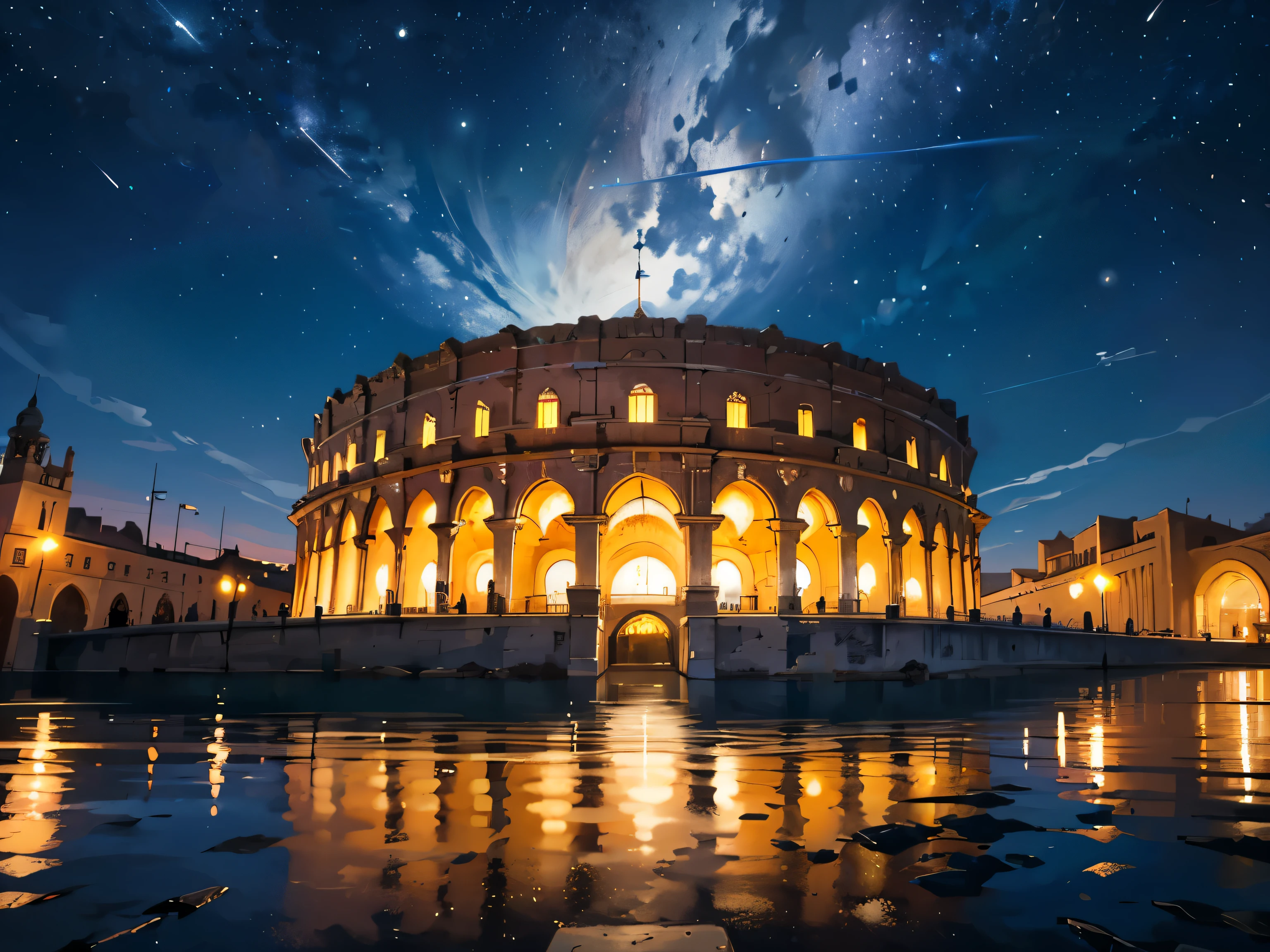 masterpiece, high quality, outside shot of a enormous coliseum in the middle of an Arabic city, at night starry night, stars, moon