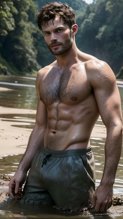 masculine Jamie Dornan hairy body, pubic hair, mud wet face and body, Vogue magazine cover concept, Cinematic color schame, studio nature