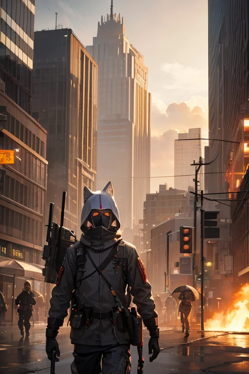 MAN WITH A MISSION,Robot,rain,cloud,coolest,battle scene,realistic,Mobile weapons,{perfection},{high quality},{masterpiece},City in Ruins,sand smoke,dust,Destroy enemy aircraft,war