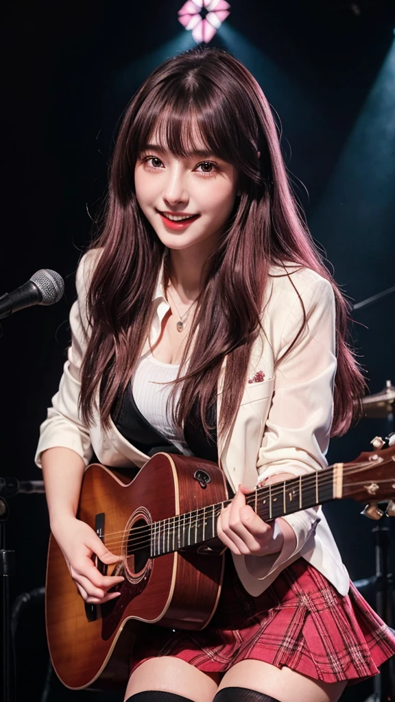((best quality)), photorealistic, photorealism, Photorealistic, high resolution, school girl blazer、 uniform、Red checked knee-length skirt、Long skirt、JK Style、Jacket、smile、Knee-high socks、Thigh-high socks、pantyhose、A superb beauty、Super cute、ennui、Rare beauty、pony tail hair、Black Dark Eyeshadow、Sad、white skin、pale skin、Long hair straightener、Dark Gothic Makeup、Cute Smile、Fragrant beauty、Stained glass background、Mastepiece、Best Quality、Refers to 5 books、Sweat glistening on my chest、Sweat glistening on my face、Small breasts、Dark pink hair、Age 20 years old、Mysterious look、A sad expression、Blonde Hair、mysterious gothic church、enchanting castle、Sweating profusely all over the body、A lot of sweat and light on the thighs、Shiny thighs、Plenty of sweat glistening on the thighs、A large amount of sweat glistens on my thighs、Sweating profusely、Gal、Small breasts、beautiful face、Alluring expression、Thin thighs、Playing guitar、I have a guitar、Sing a song enthusiastically、Playing guitar in a band、Playing guitar chords、Live House Background、Sing a song、Open your mouth、Live house scenery、Mike stand、Glamorous live stage、Dynamic Angle、cinematic lighting