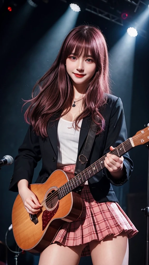 ((best quality)), photorealistic, photorealism, Photorealistic, high resolution, school girl blazer、 uniform、Red checked knee-length skirt、Long skirt、JK Style、Jacket、smile、Knee-high socks、Thigh-high socks、pantyhose、A superb beauty、Super cute、ennui、Rare beauty、pony tail hair、Black Dark Eyeshadow、Sad、white skin、pale skin、Long hair straightener、Dark Gothic Makeup、Cute Smile、Fragrant beauty、Stained glass background、Mastepiece、Best Quality、Refers to 5 books、Sweat glistening on my chest、Sweat glistening on my face、Small breasts、Dark pink hair、Age 20 years old、Mysterious look、A sad expression、Blonde Hair、mysterious gothic church、enchanting castle、Sweating profusely all over the body、A lot of sweat and light on the thighs、Shiny thighs、Plenty of sweat glistening on the thighs、A large amount of sweat glistens on my thighs、Sweating profusely、Gal、Small breasts、beautiful face、Alluring expression、Thin thighs、Playing guitar、I have a guitar、Sing a song enthusiastically、Playing guitar in a band、Playing guitar chords、Live House Background、Sing a song、Open your mouth、Live house scenery、Mike stand、Glamorous live stage、Dynamic Angle、cinematic lighting