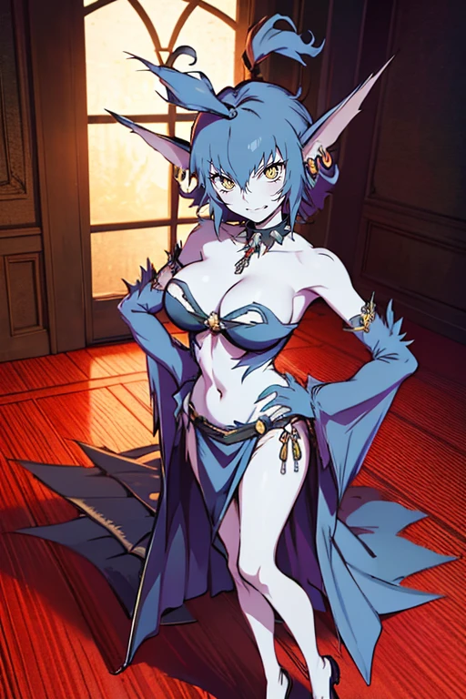 masterpiece, best quality, absurdres, 1girl hwolfie , [ballgown|edgmarquise], edgmarquise, looking at viewer, bare shoulders, breasts, earrings, solo, standing, hand on own hip, fangs out indoors smile, full body,