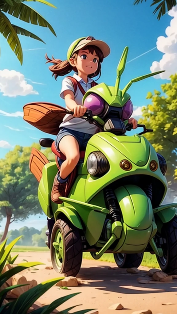 A girl riding a giant grasshopper to school