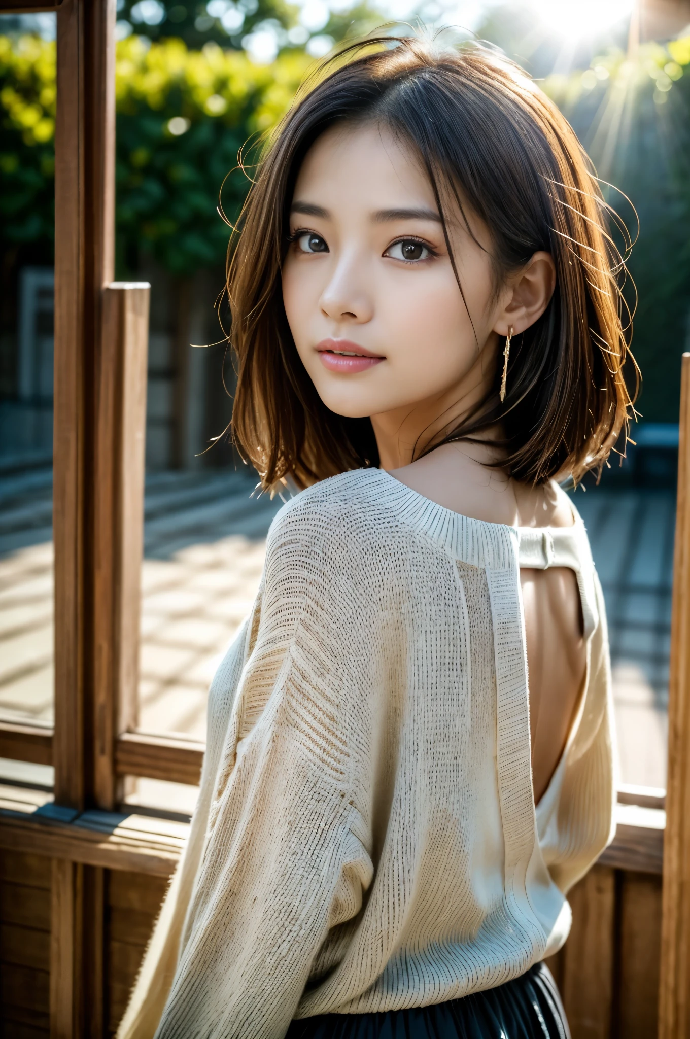 (Photoreal Stick:1.5, masutepiece:1.5, 8K), (top-quality, masterpiece, 超A high resolution), (Face Sharp Focus:1.45), Professional camera work:1.25, Highly detailed skin and facial texture:1.3, Grow Light Effect, The ultra-detailliert:1.3, 1girl in, Fair skin, (Sense of clarity:1.5), Extremely beautiful face:1.3, Sense of clarityを感じる目:0.9, looking distantly, Enraptured look:1.0, i love you completely:0.8, slightly open mouth:0.4, A mouthfeel that exudes a sense of clarity:0.7, double eyelid, Dark brown medium hair, necklace and earrings, looking at viewert, (the morning sun, Intense sunlight:1.3, sunlight shining from behind:1.3, Strong sunlight spreads across the screen:1.5)