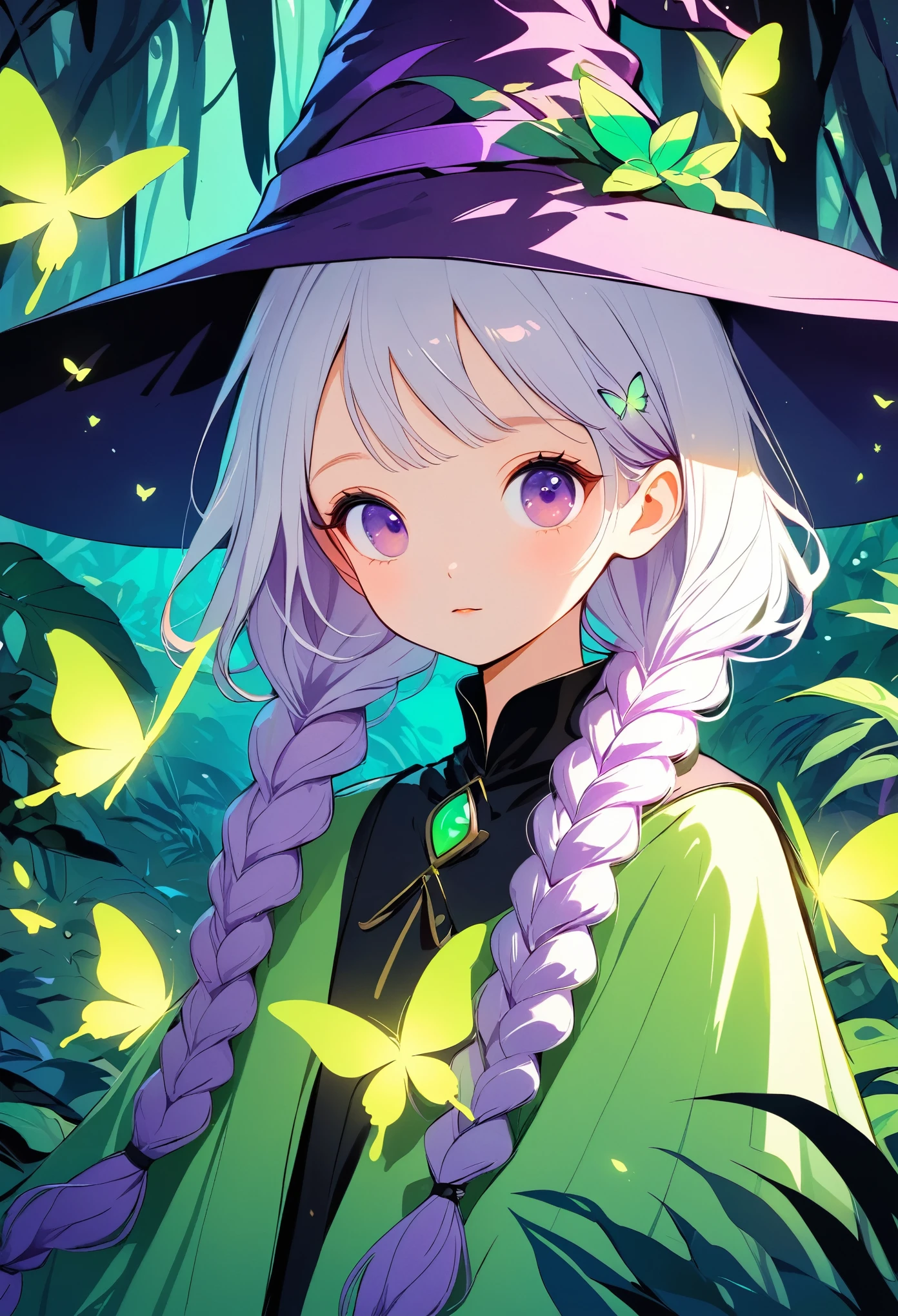 Vector illustration，Beautiful witch with two purple braids，Cute **********：1.37，Purple Eyes，White hair-purple-long braids。jungle，vegetation，lush，, Digital illustration style, Fluorescent green color scheme, Soft shadows, simple line art, close up, Minimalism, Soft colors, Swarms of glowing butterflies，