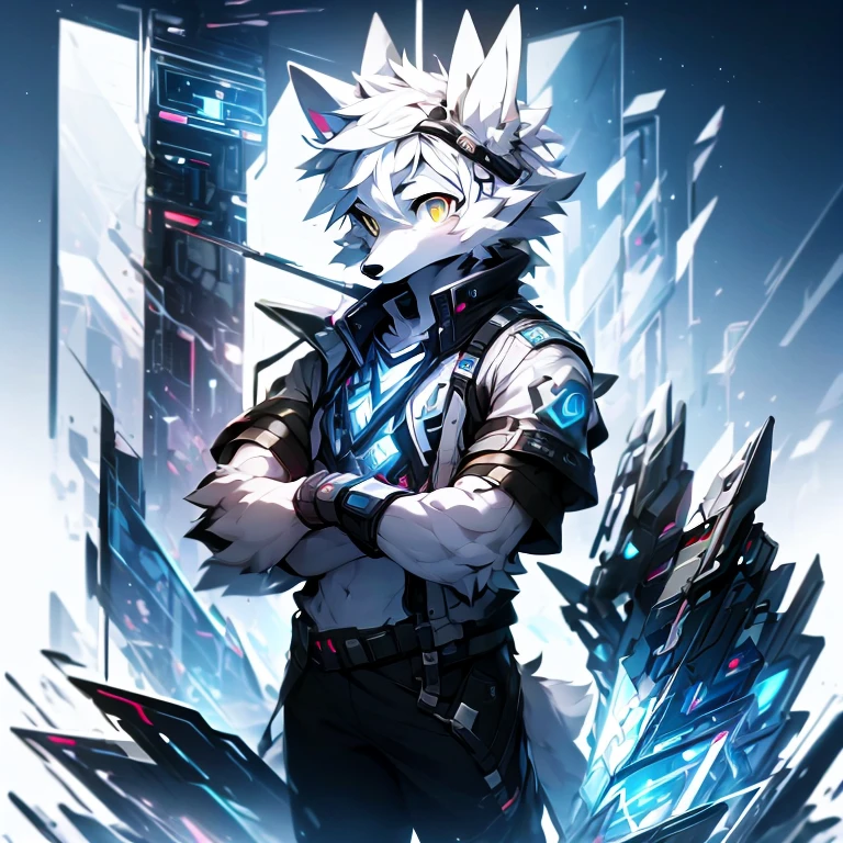 cyber punk perssonage,epcot,Tech style,solo person,White body,White ears,White hair,Overall white,Orange-yellow eyes,Wolf tail,Wolf orcs,Young,Wear a short-sleeved shirt,Ultra-clear screen,Soft lines