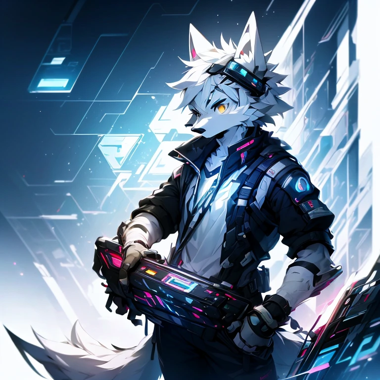 cyber punk perssonage,epcot,Tech style,solo person,White body,White ears,White hair,Overall white,Orange-yellow eyes,Wolf tail,Wolf orcs,Young,Wear a short-sleeved shirt,Ultra-clear screen,Soft lines