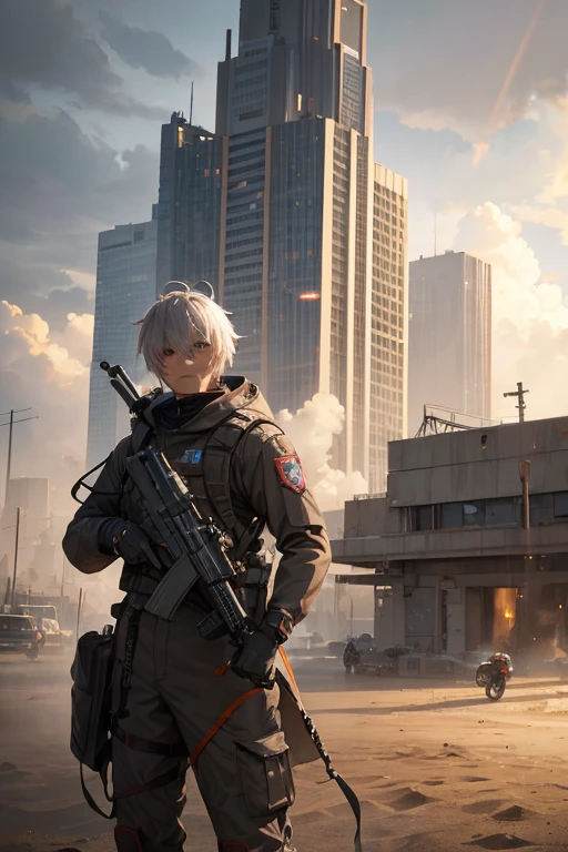 MAN WITH A MISSION,Robot,rain,cloud,coolest,battle scene,realistic,Mobile weapons,{perfection},{high quality},{masterpiece},City in Ruins,sand smoke,dust,Destroy enemy aircraft,war