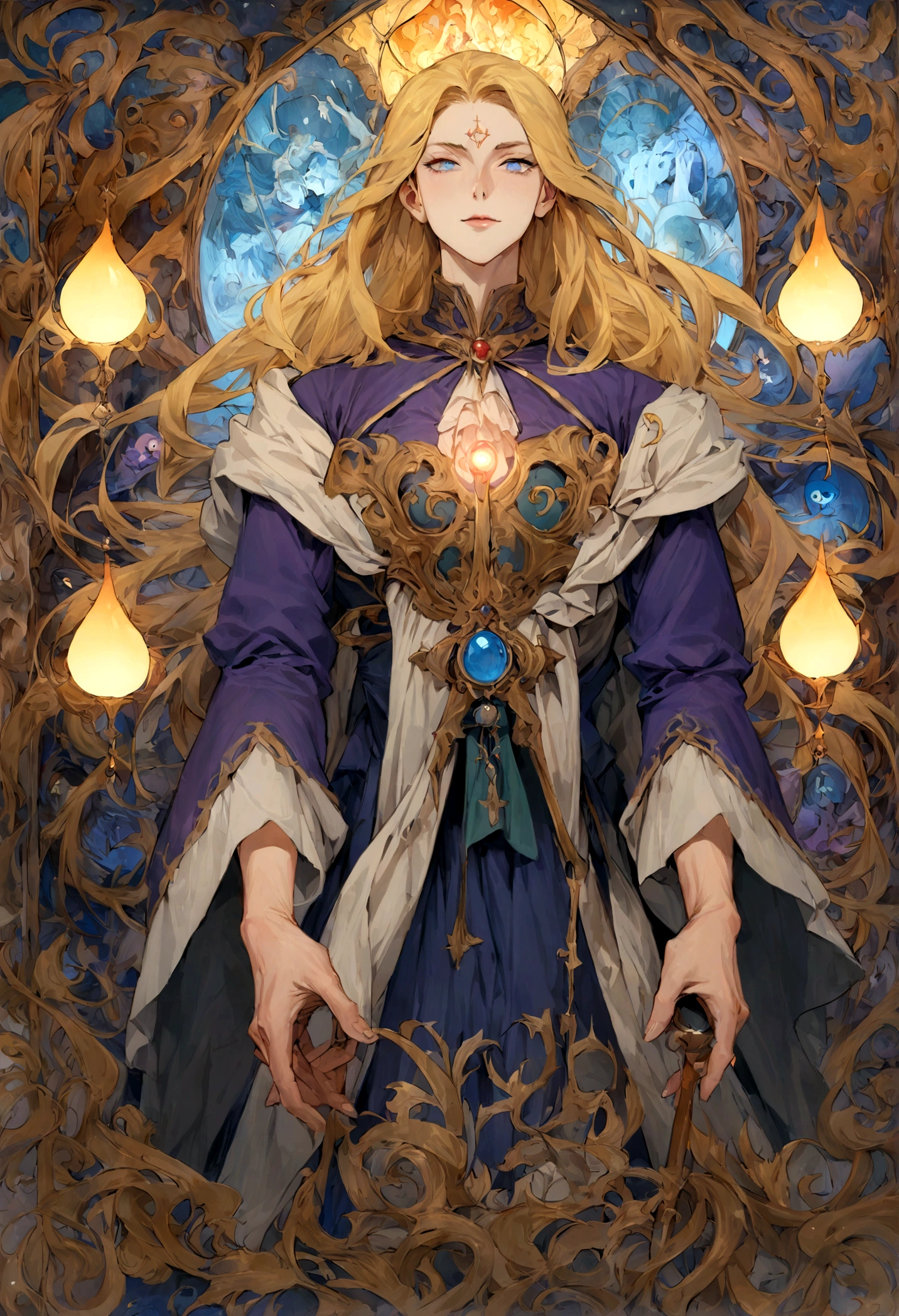 (absurdress, hight resolution, overdetalization), 1 male, 16year old , grown up, cutest, tall muscular guy, wide shoulders, Detailed eyes and detailed face, beating magic, Winding flame, (Masterpiece, Side light, Fine Beautiful Eyes: 1.2), HDR, (Glowing blue Eyes)), Handsome long-haired man, yellow blond hair, musculature, Sateen, a handsome, facing the camera, Masterpiece Fool \tarot\, bard, clown, Symbolism, visual art, occultism, Universal, Vision Casting, Philosophical, Iconography, Divination by numbers, Popularity, an artistic, by Alphonse Mucha, sexuality , Hogwarts uniform purple color , Magic Staff