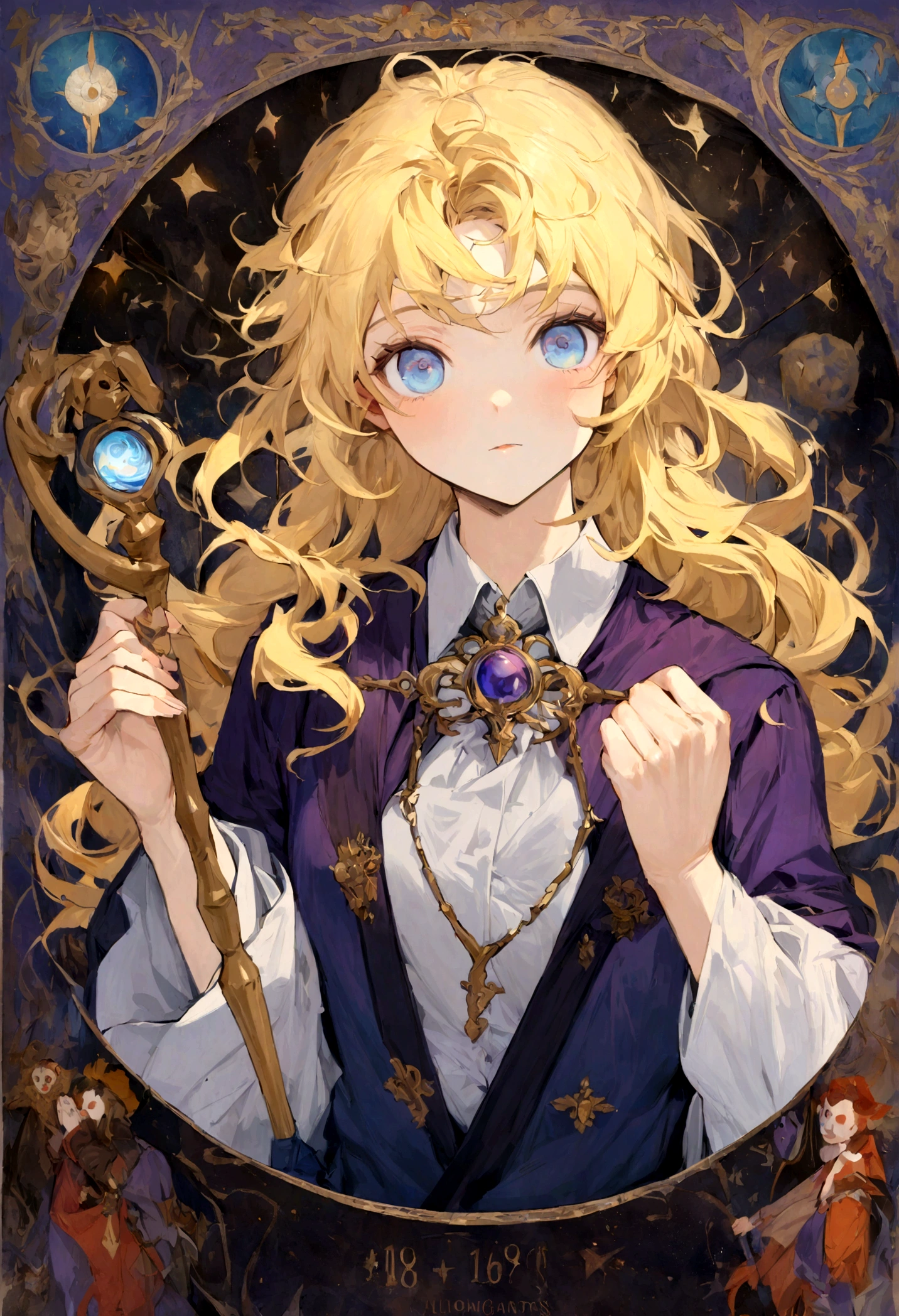 (absurdress, hight resolution, overdetalization), 1 male, 16year old , grown up, cutest, tall muscular guy, wide shoulders, Detailed eyes and detailed face, beating magic, Winding flame, (Masterpiece, Side light, Fine Beautiful Eyes: 1.2), HDR, (Glowing blue Eyes)), Handsome long-haired man, yellow blond hair, musculature, Sateen, a handsome, facing the camera, Masterpiece Fool \tarot\, bard, clown, Symbolism, visual art, occultism, Universal, Vision Casting, Philosophical, Iconography, Divination by numbers, Popularity, an artistic, by Alphonse Mucha, sexuality , Hogwarts uniform purple color , Magic Staff