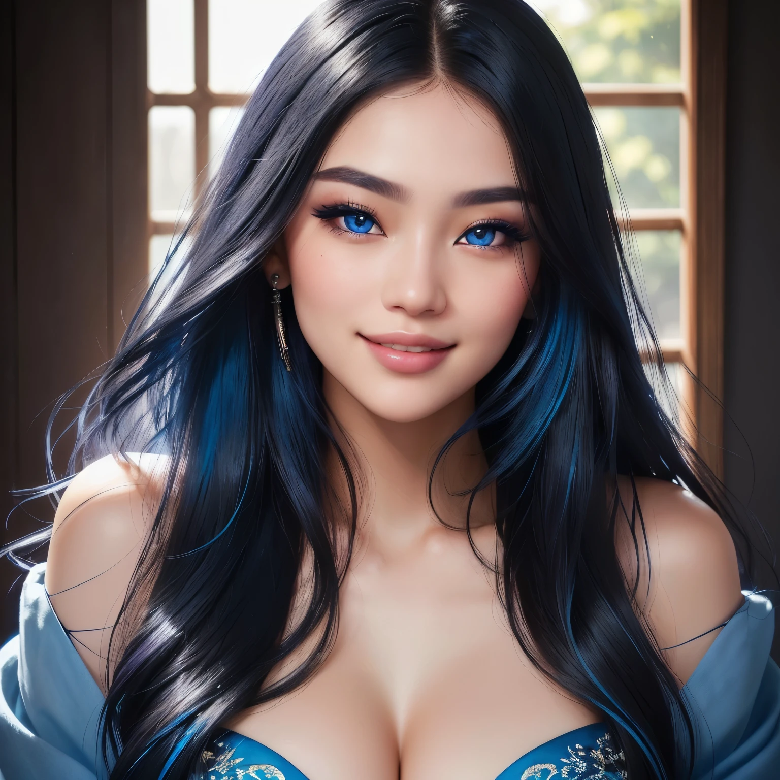 Realistic photo of a unbearably beautiful girl's face with stunning makeup and juicy lips, with peaceful face, light black-blue long hair, hair roots slightly faded, half Asian, influencer, piercing blue eyes, smiling, Instagram, hyperdetailed photography, soft light, head and shoulders portrait, slight cleavage, revealing full shoulders, cover