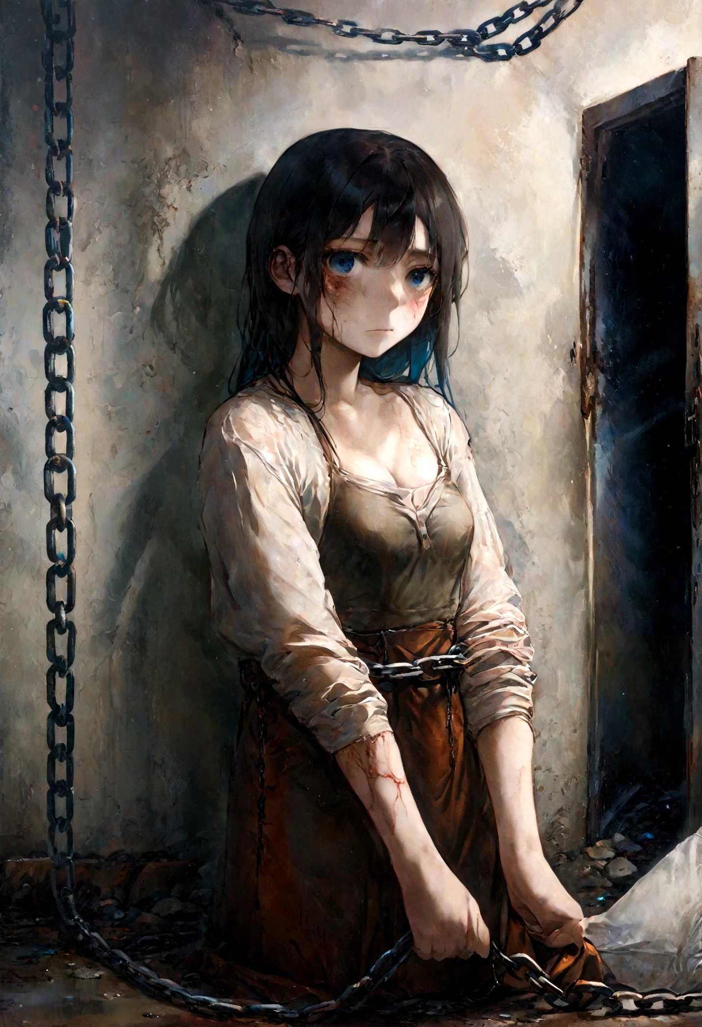 masterpiece, best quality, wallpaper, dirty basement, dark basement, gloomy lighting, cold atmosphere, water drip, wet walls, chains on walls, metal doors, small blue light, no window, 1 girl chained to wall in rusty chains, sad face, dirty face, thin body, skinny body, thin shirt, torn shirt, cleavage, blood on skin, blood on walls, blood on clothes, long dark hair, dirty hair, messy hair, bright blue eyes, dramatic lighting, moody, depth of field, high contrast, landscape, no portrait, full body,