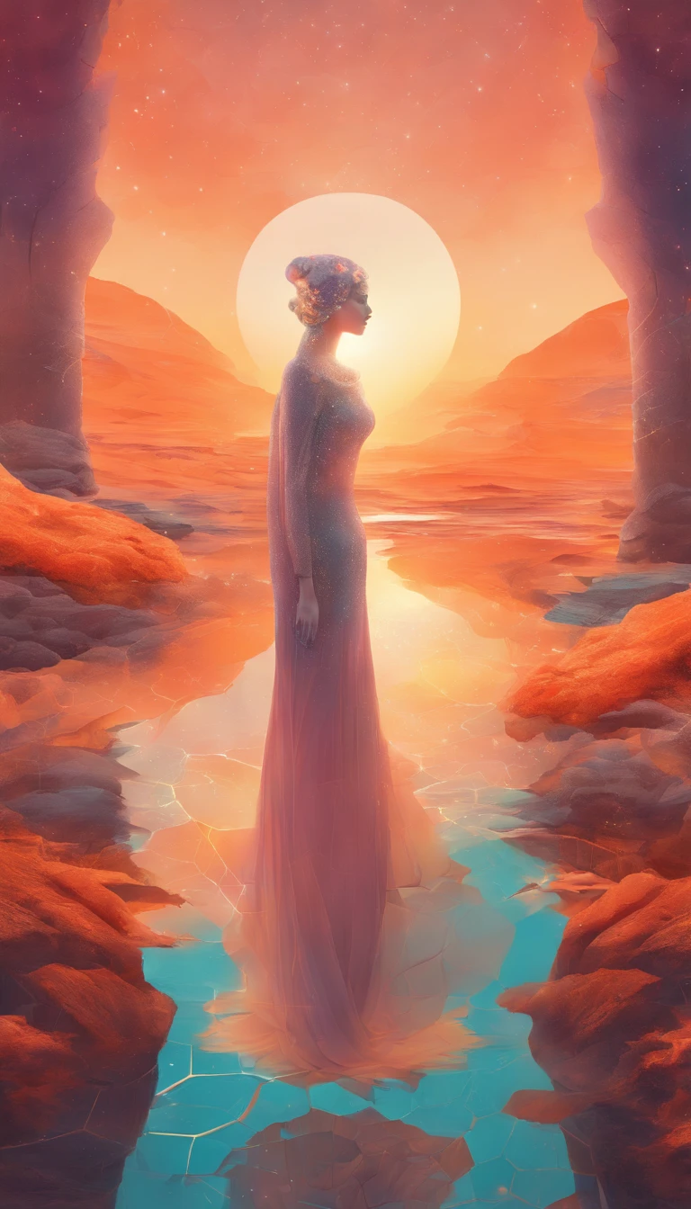 Mirage, transparency, minimalism, fragmentation, defocus, Cosmos, in the body, in the body-дракон, night and spain, Orange Sun, superposition капаса, transparency, gradient, defocus, Aesthetic beauty, mysticism, sua vide and ternura, philosophy, belleza, Surrealism, double exposure, fantasy, Photo, ultraexposure, deep light exposure, aesthetic effect, hexagonosis, neo-futurism, Event horizon, superposition, collage, intersection of possibilities