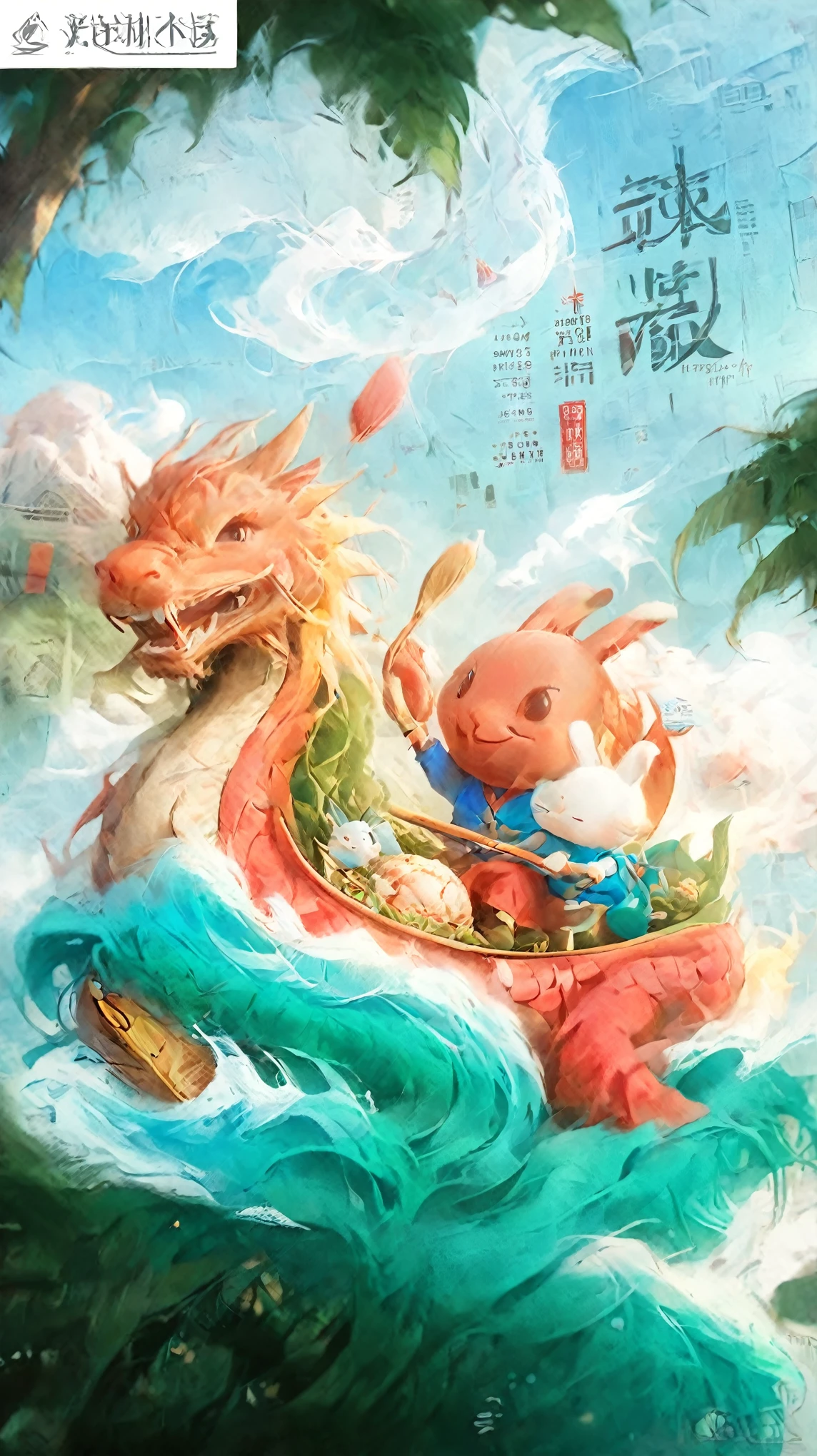 Cartoon rabbit，cartoon dragon boat，Dragon Boat Festival，dragon boat rowing，Eat rice dumplings，water中有魚群, Popular on cgstation, 濺起water花, A beautiful art illustration of Zongzi, by Yan Hui, Hand drawn cartoon art style, author：Li Song, Official Fanart,  daytime，Exquisite，HD，There are details，old Chinese building、Monte、water、Cloud、plant，detailed, Atmospheric, epic, Concept Art, Matte, background, mist, photo-Practical, Concept Art, Volumetric Light, ish epic + rule of thirds Octane Rendering, 8k, Corona Rendering, movie Concept Art, Octane Rendering, ish, Hot Topics on Artstation, movie Concept Art, ish composition , ultra-detailed, Practical , hyper-Practical , Volumetric Lighting, 8k – Glazing