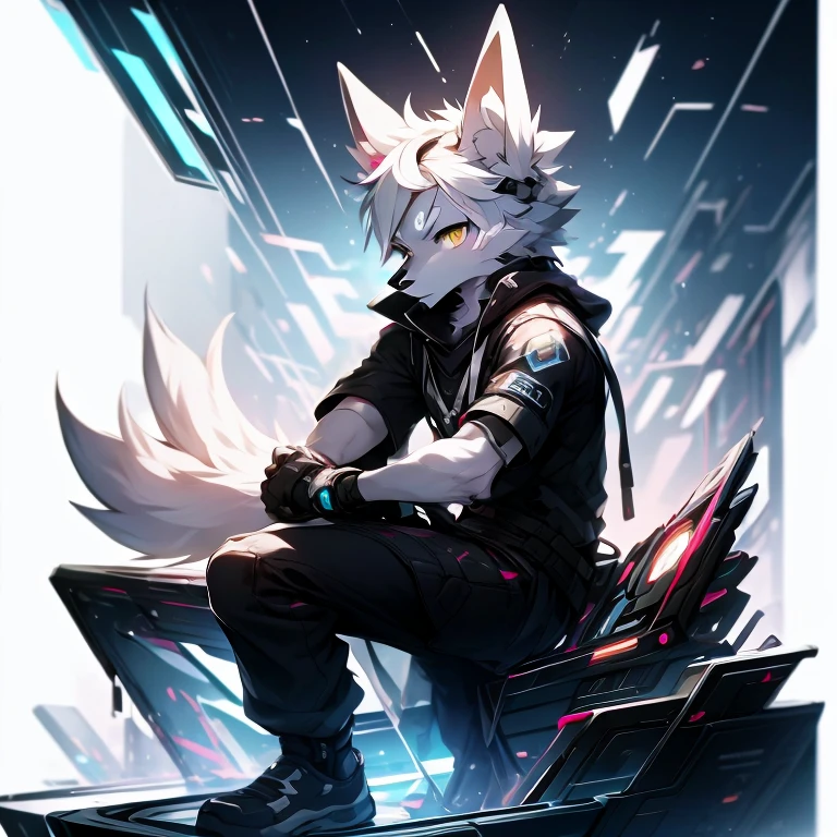 cyber punk perssonage,epcot,Tech style,solo person,White body,White ears,White hair,Overall white,Orange-yellow eyes,Wolf tail,Wolf orcs,Young,Wear a short-sleeved shirt,Ultra-clear screen,Soft lines