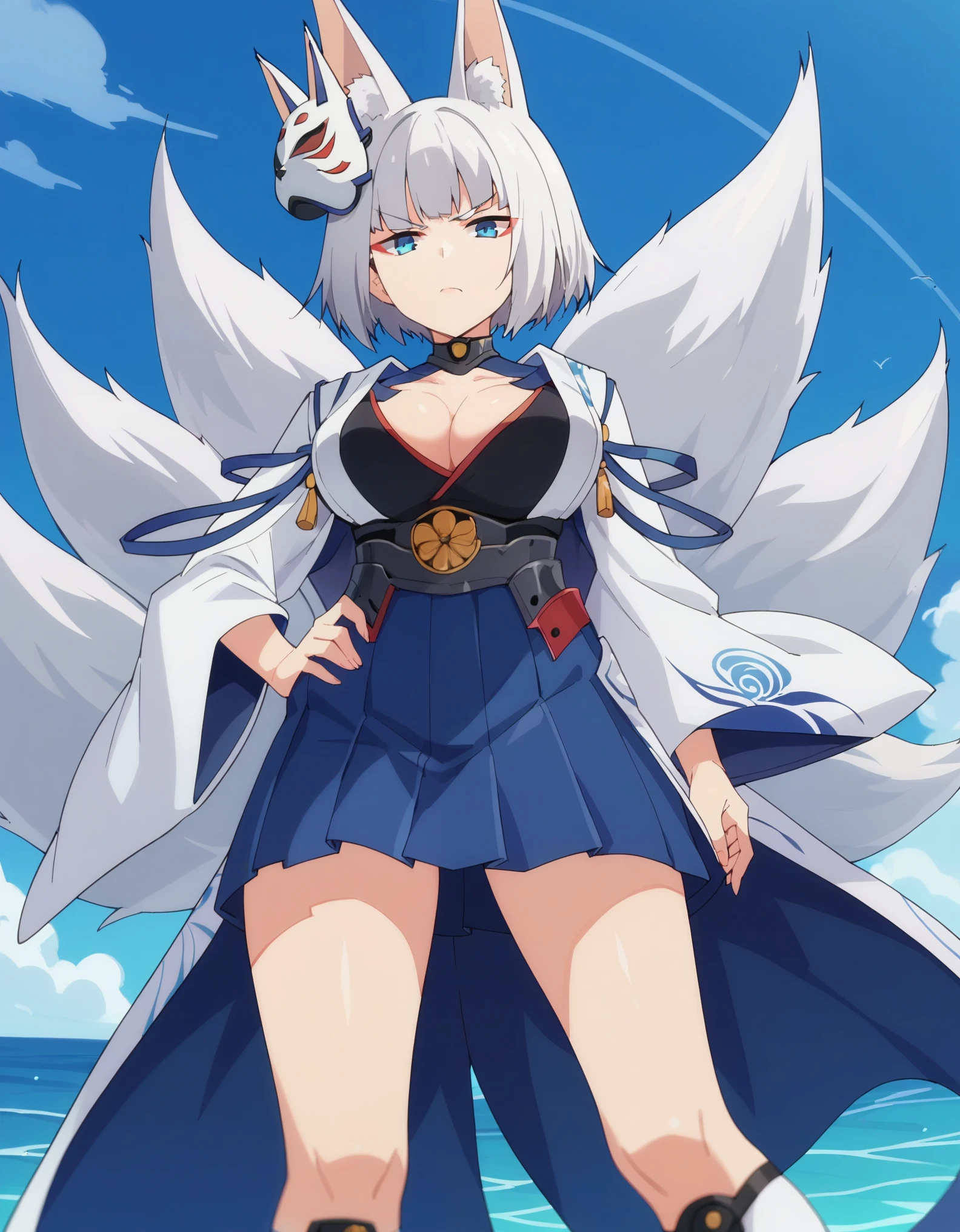 anime screencap, score_9, score_8_up, score_7_up, score_6_up, kaga, azurekaganor, kaga (azur lane), 1girl, fox ears, animal ear fluff, fox girl, blue eyes, white hair, short hair, blunt bangs, fox tail, multiple tails, mask on head, fox mask, armor, sakuramon, cleavage, japanese clothes, clothing cutout, black shirt, long sleeves, wide sleeves, hakama short skirt, pleated skirt, white socks, solo, large breasts, multiple tails, tail, fox tail, ocean, hand on hip, looking at viewer, annoyed, from below,