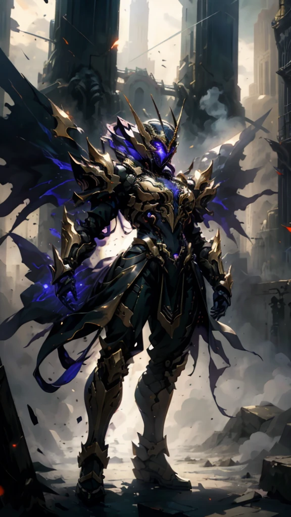 A woman adorned in fantasy-style full-body armor, a crown-concept fully enclosed helmet that unveils only her eyes, a composite layered chest plate, fully encompassing shoulder and hand guards, a lightweight waist armor, form-fitting shin guards, the overall design is heavy-duty yet flexible, (the armor gleams with a golden glow, complemented by red and blue accents), exhibiting a noble aura, she floats above a fantasy-surreal high-tech city, this character embodies a finely crafted fantasy-surreal style armored hero in anime style, exquisite and manga art style, (mixture of Queen bee and Spider concept Armor, plasma), ((Element, elegant, goddess, femminine:1.5)), metallic, high definition, best quality, highres, ultra-detailed, ultra-fine painting, extremely delicate, professional, anatomically correct, symmetrical face, extremely detailed eyes and face, high quality eyes, creativity, RAW photo, UHD, 32k, Natural light, cinematic lighting, masterpiece-anatomy-perfect, masterpiece:1.5