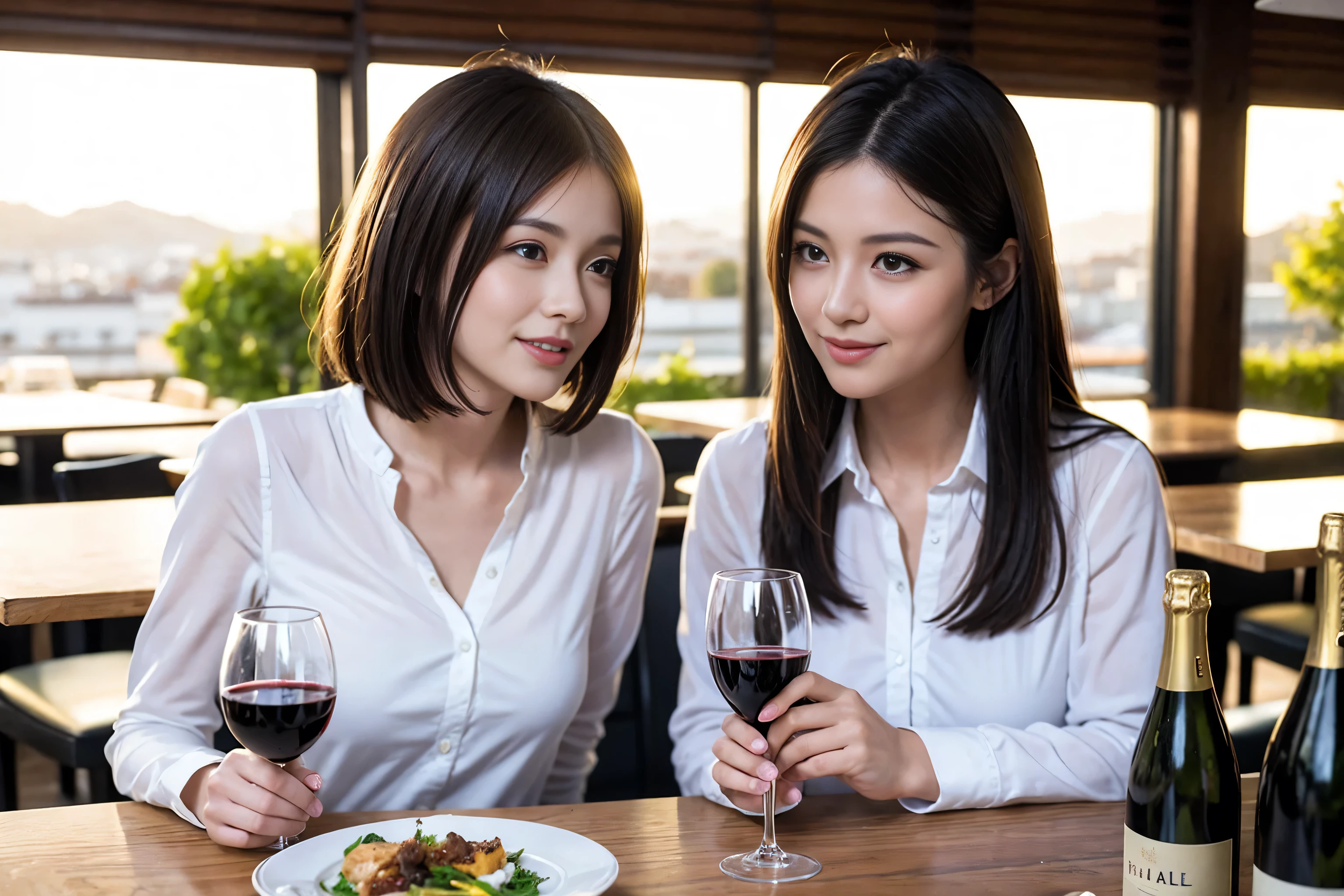 ((highest quality、8k、masterpiece:1.3))、1 male 1 female、Hirose Alice lookalike couple、Lovers、beautiful couple、 (Slim face), (The body is スリム), (Brown Hair), (Shortcuts), ((Bob Hale、Straight hair:1.2)), Wine glass on the table、Please put light on my face、 Amazing view of the sunset sky and clouds、Amazing mountain views、The wonderfulness of smiles、Bright image、Blushing, Shortcuts,Bright Face、 (43 years old), 39 years old, red wine 、Appetizers、Italian food、Wine bottle、Champagne、sparkling wine、Long sleeve shirt、dress、Attractive beauty、restaurant, Nova Frog Style, actress, model, Upper Body, White wine, red wine, wine glass,