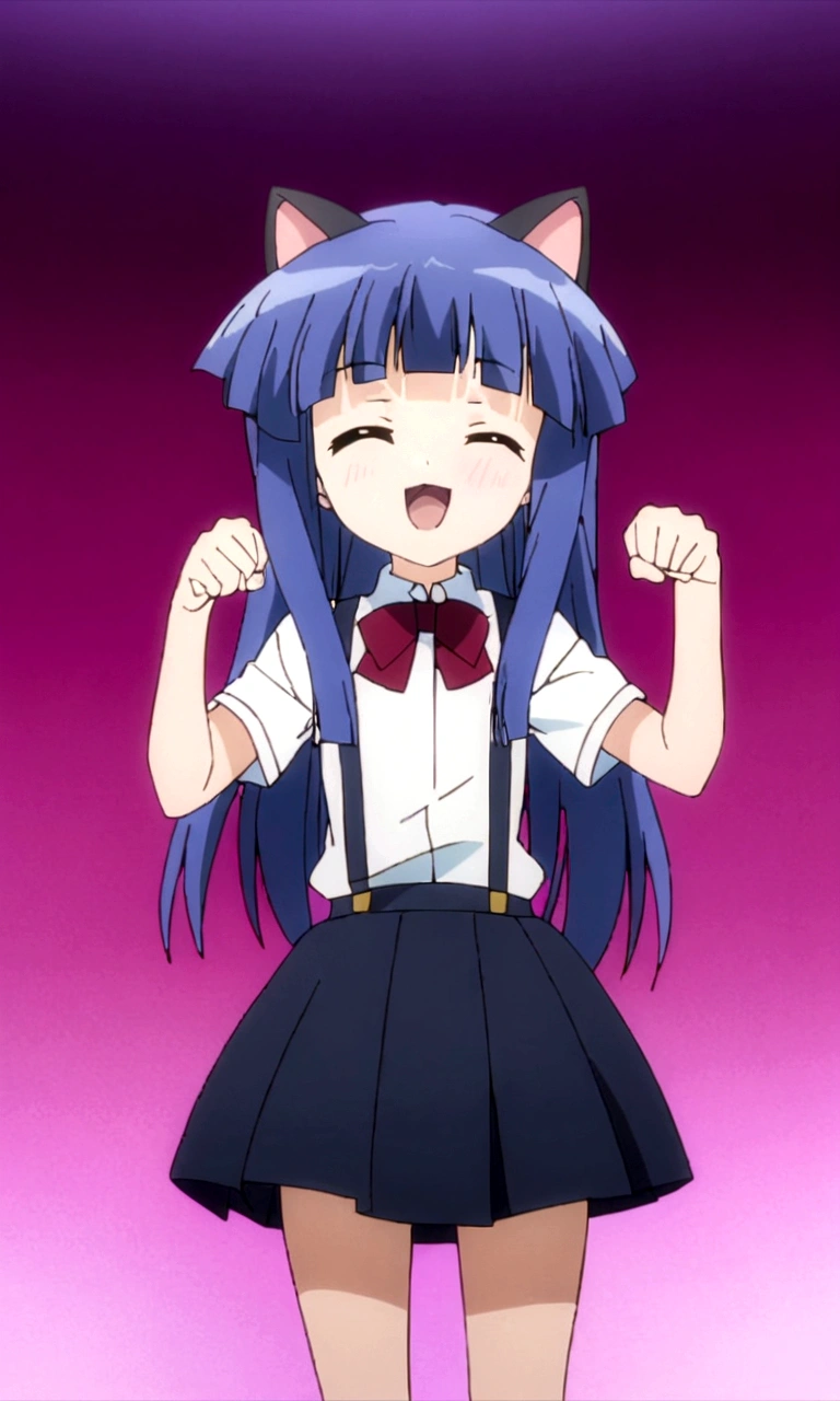 score_9,score_8, score_8_up, BREAK 1girl, solo, furude rika, (tween), kawaii, blue hair, purple eyes, long hair, blunt bangs, bangs, simple background, white background, bow, skirt, shirt, suspenders, smile, short sleeves, pleated skirt, white shirt, open mouth, :d, red bow, facing viewer, ^_^,(closed eyes), suspender skirt, , black skirt, collared shirt, blush, bowtie, blunt bangs, dress shirt,masterpiece, best quality, source_anime,anime screencap,anime coloring,paw pose,arms up,cat ears,standing,mediumshot,