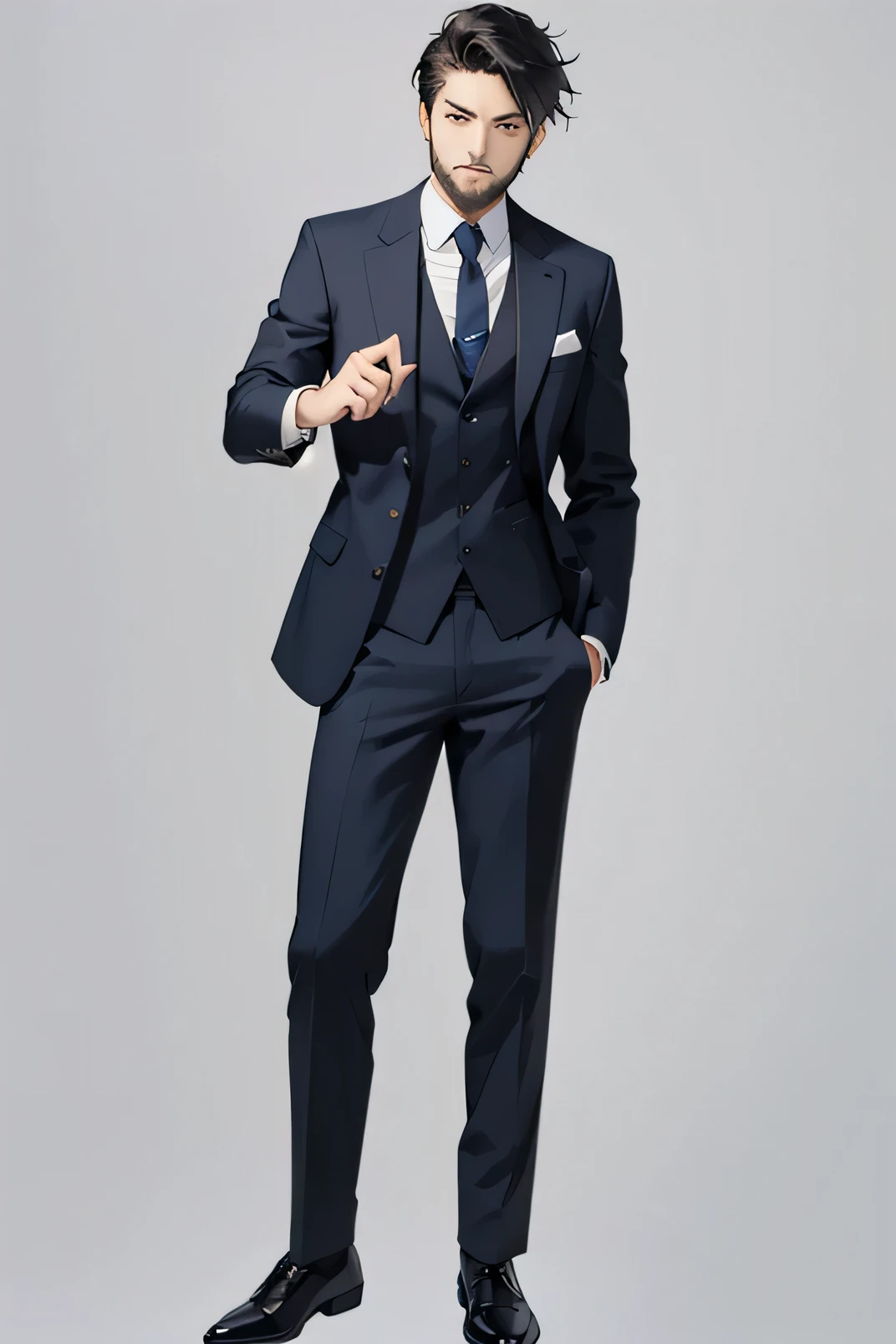Blue-black suit,male,Bearded,Full body standing,Blank Background,Right finger forward,Fierce