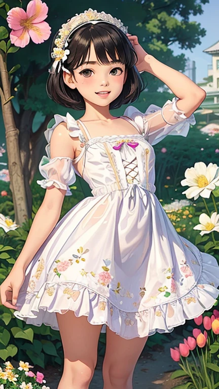 best quality,masterpiece,1girl,solo,(((13years old))),japanese girl,an extremely cute and beautiful girl,highly detailed beautiful face and eyes,petit,cute face,lovely face,baby face,shy smile,show teeth,black hair,medium short hair,small breasts,skinny,slender,(((wearing a white floral transparent loose mini lolita dress))),(((standing in a flower garden))),she is looking at the viewer,hands lift up dress,(upskirt above the waist:1.1),(no panties:1.1),(legs spread wide:1.1),(no bra:1.1),(((NFSW))
