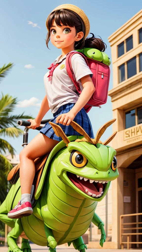 A girl riding a giant grasshopper to school