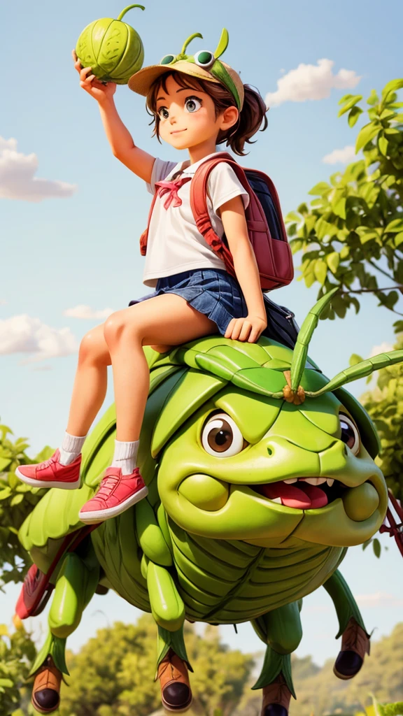 A girl riding a giant grasshopper to school