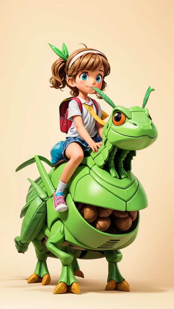 A girl riding a giant grasshopper to school