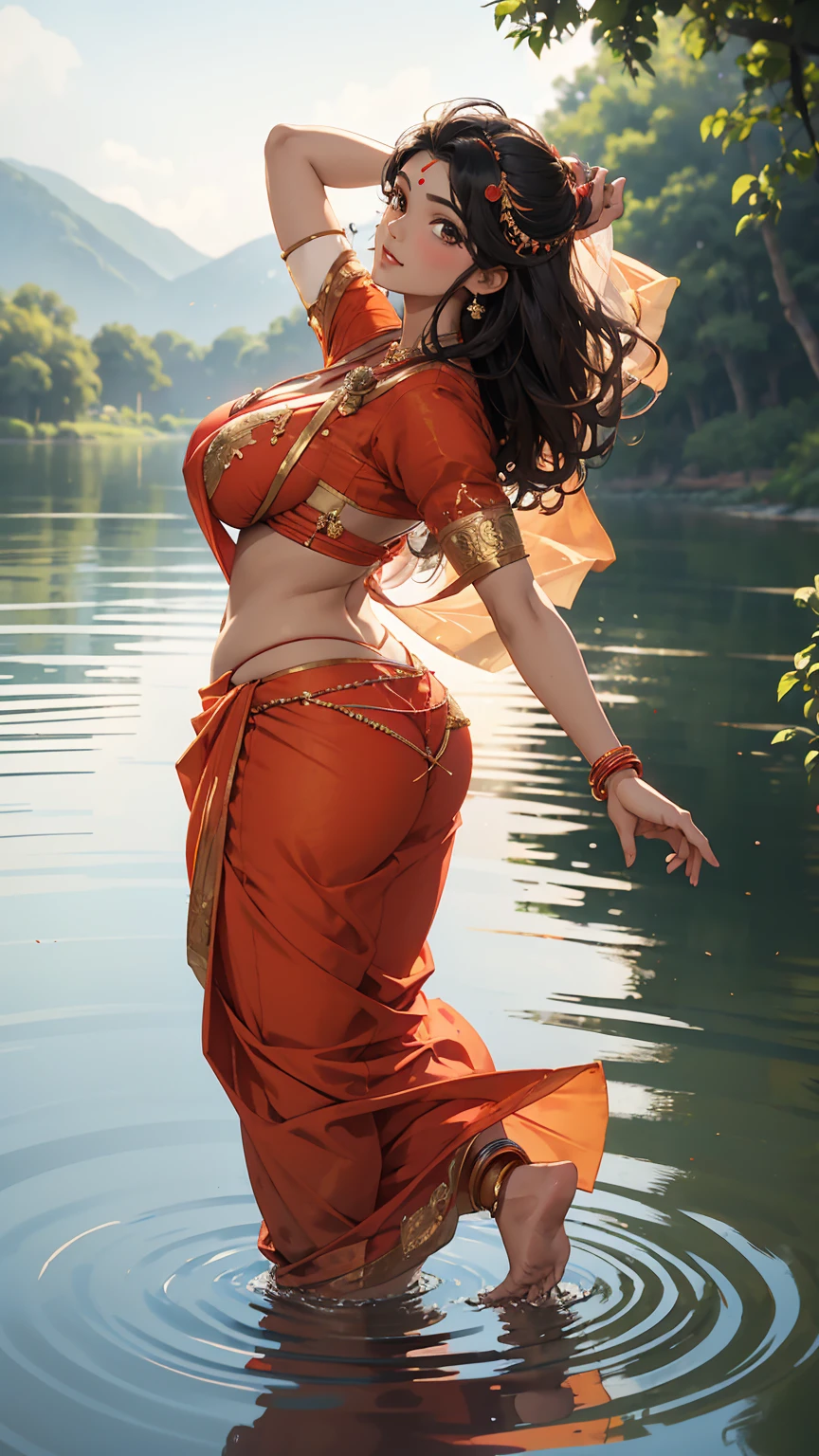 a woman in a sari in a body of water, indian girl with brown skin, indian goddess, red blouse, assamese aesthetic, beautiful smiley face, big boobs,in a lake, hindu aesthetic, wearing sari, dayanita singh, sari, wearing a red sari, beautiful sexy woman photo, indian super model, sexy girl with dark complexion, in water, body in water, sensuousid((standing , on lake, spreading legs wide open, legs up, hands on breasts, ))((huge perky breasts, deep cleavage 1.8, thick thighs, huge round buttocks))((looking back, backside POV from back))