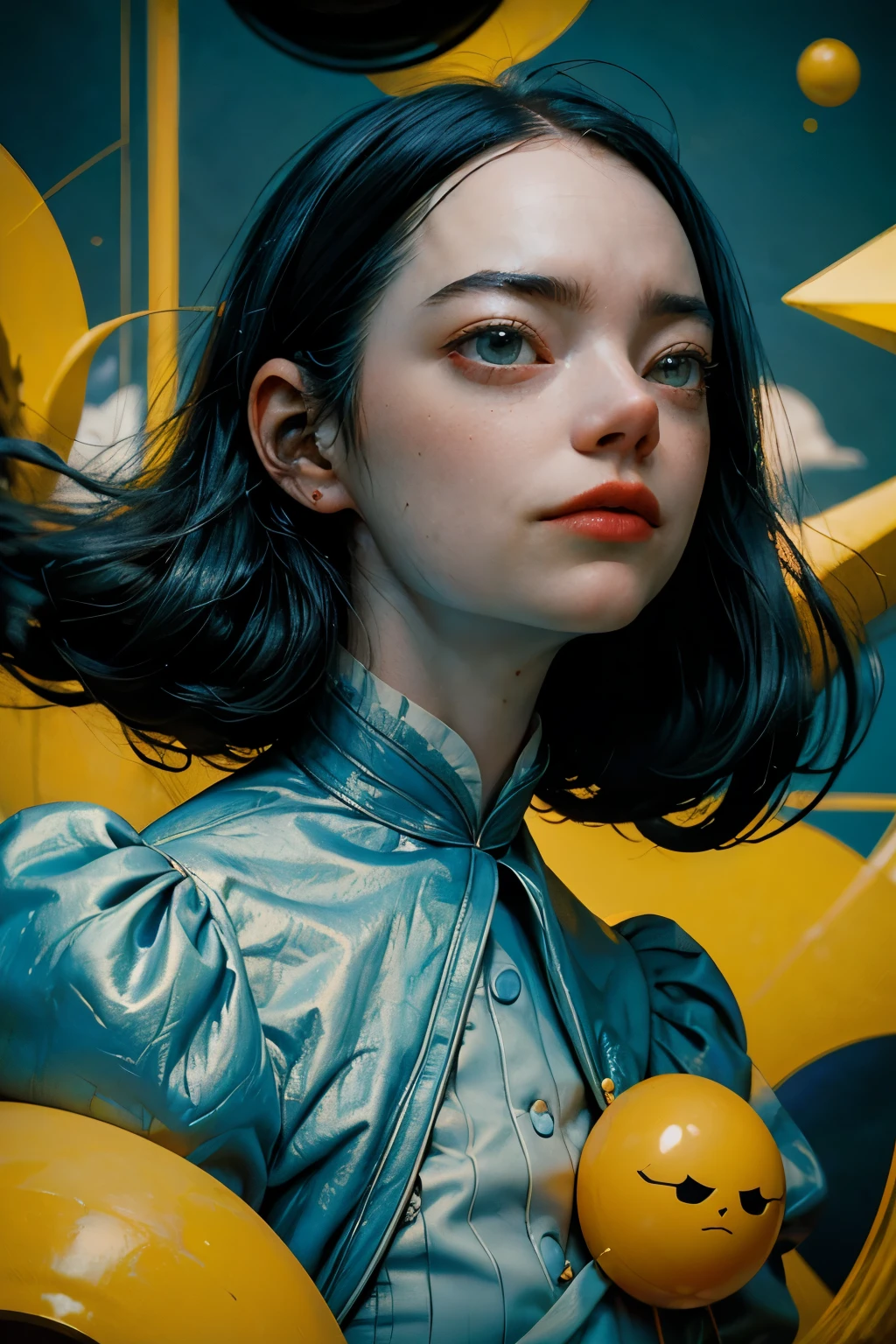 masterpiece, best quality, movie still, 1girl, emst, long black loose hair, victorian blue dress, thick eyebrows, floating in the sky, (close-up:1.1), bright, happy, fun, soft lighting, (Bauhaus, shapes, lines, abstract:1.1), ankymoore